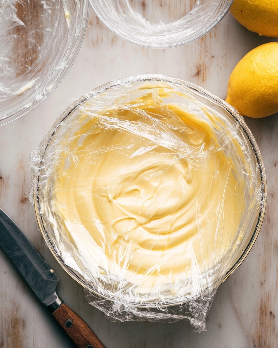 A clear glass bowl sits on a white marbled surface, filled with a smooth, pale yellow cream covered loosely with clear plastic wrap that has some wrinkles and folds. Around the bowl, a whole lemon and a silver knife with a wooden handle rest nearby, while another clear empty glass bowl is partially visible at the top left corner. The scene is softly lit, highlighting the creamy texture of the mixture inside the bowl photo taken with an iphone --ar 4:5 --v 7