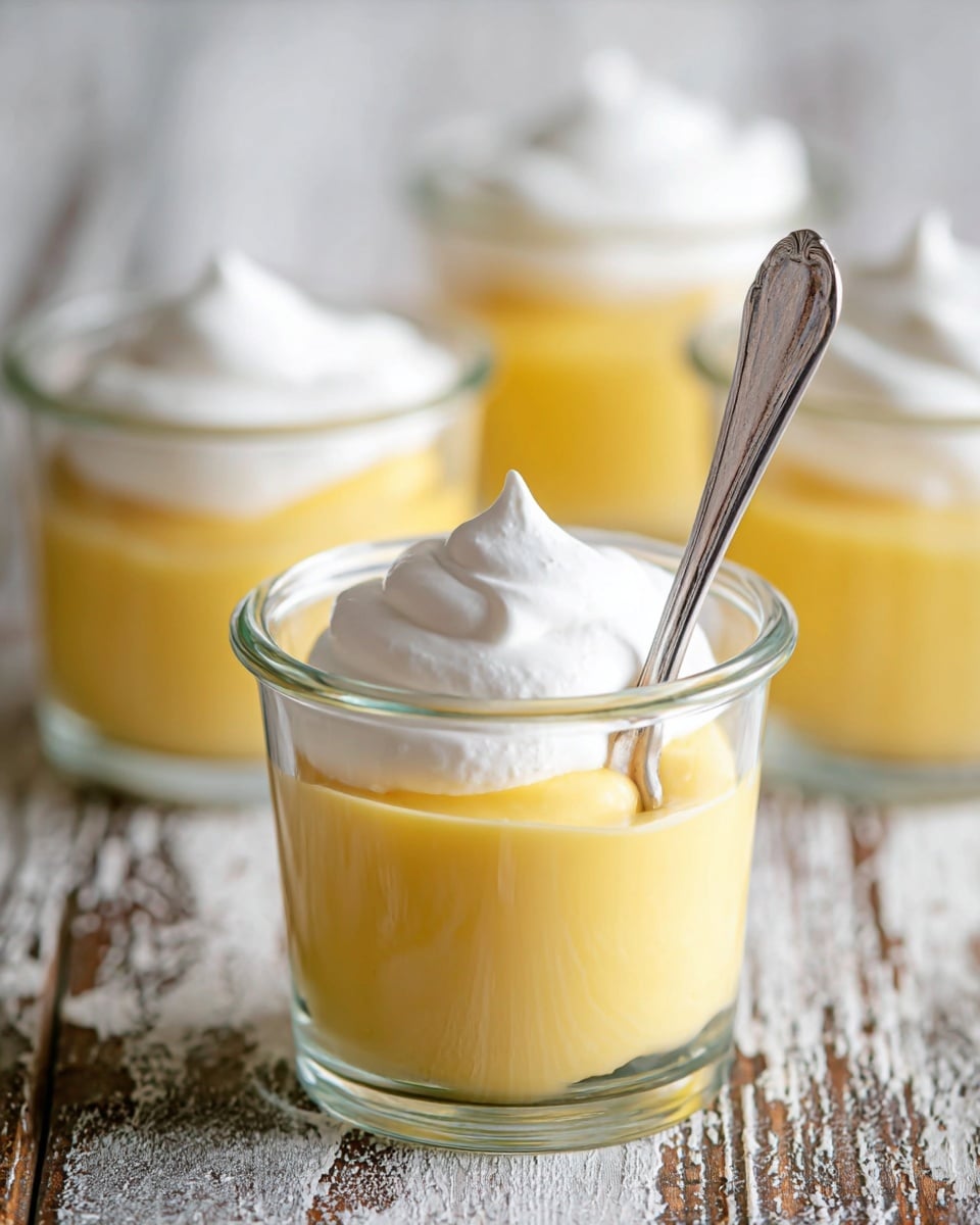 The image shows clear glass cups each filled with two layers: a thick, smooth yellow pudding as the bottom layer and a soft, white whipped cream dollop on top. Each cup has a shiny silver spoon inside, with one spoon inserted into the pudding in the front cup. The cups are placed on a rustic wooden surface with a white marbled texture. The focus is on the front cup, with the three other cups blurred softly in the background. Photo taken with an iphone --ar 4:5 --v 7