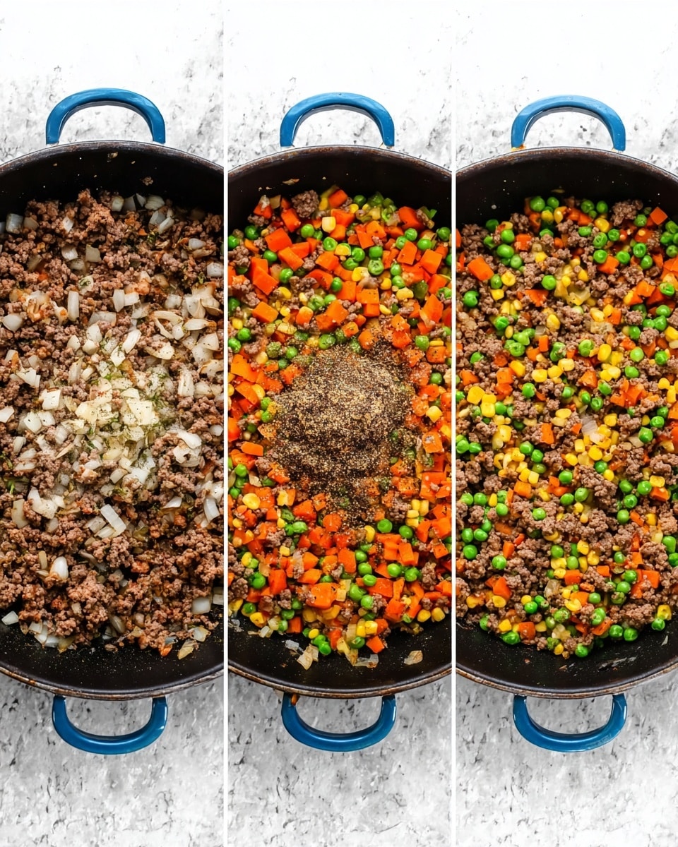 A black skillet on a white marbled surface shows three cooking steps side by side. In the first step, the skillet is filled with cooked ground meat mixed with small white onion pieces, topped with several brown and beige spices in the center, creating a textured cluster. The second step shows the same ground meat and onions layer at the bottom, now covered with a colorful mix of frozen vegetables including bright orange carrot cubes, green beans, peas, and yellow corn, piled in the middle. In the last step, the skillet holds a fully mixed dish where the ground meat, onions, and vegetables are combined, showing a mix of brown meat pieces, green peas and beans, orange carrots, yellow corn, and bits of onion evenly spread. The scene is bright with clear details, photo taken with an iphone --ar 4:5 --v 7
