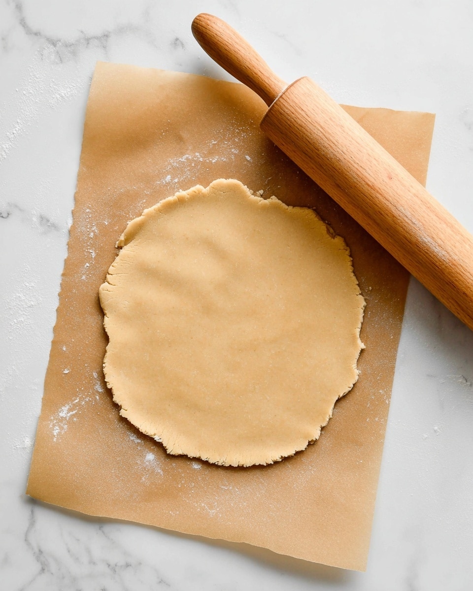A light brown dough rolled out flat on a sheet of brown parchment paper, with uneven edges indicating it has been spread by hand. A wooden rolling pin with a smooth, natural finish rests on the top right side of the parchment. The parchment paper and rolling pin are placed on a white marbled surface that adds a clean and bright look. The dough has a slightly soft texture with small spots of flour on its edge. Photo taken with an iphone --ar 4:5 --v 7