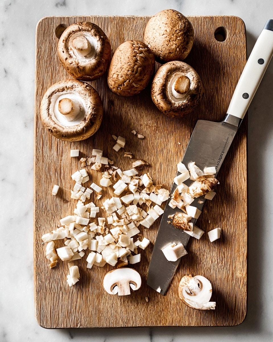A wooden cutting board is placed on a white marbled surface, with eight whole brown mushrooms arranged near the bottom. Above them, several mushrooms are chopped into small white and light brown pieces, spreading slightly across the board. A large shiny knife with a white handle lies diagonally, with some chopped pieces resting on its blade. The lighting highlights the natural textures of the mushrooms and the wood grain of the cutting board. Photo taken with an iphone --ar 4:5 --v 7
