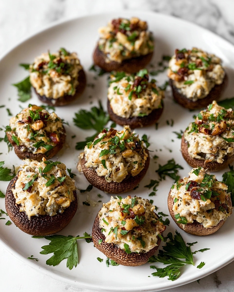 The image shows a white plate with ten stuffed mushrooms arranged in a loose circle and some scattered green herbs on the plate. Each mushroom has a dark brown, textured cap that serves as the base layer. The second layer is a creamy, light beige filling that is chunky and packed tightly inside each mushroom cap. On top of this filling, there are small pieces of chopped nuts and shredded cheese, giving the tops a slightly crispy and uneven look. Fresh green parsley leaves are sprinkled over the mushrooms and around the plate, adding bright color and freshness. The plate sits on a white marbled surface, and the lighting highlights the textures and colors clearly. photo taken with an iphone --ar 4:5 --v 7