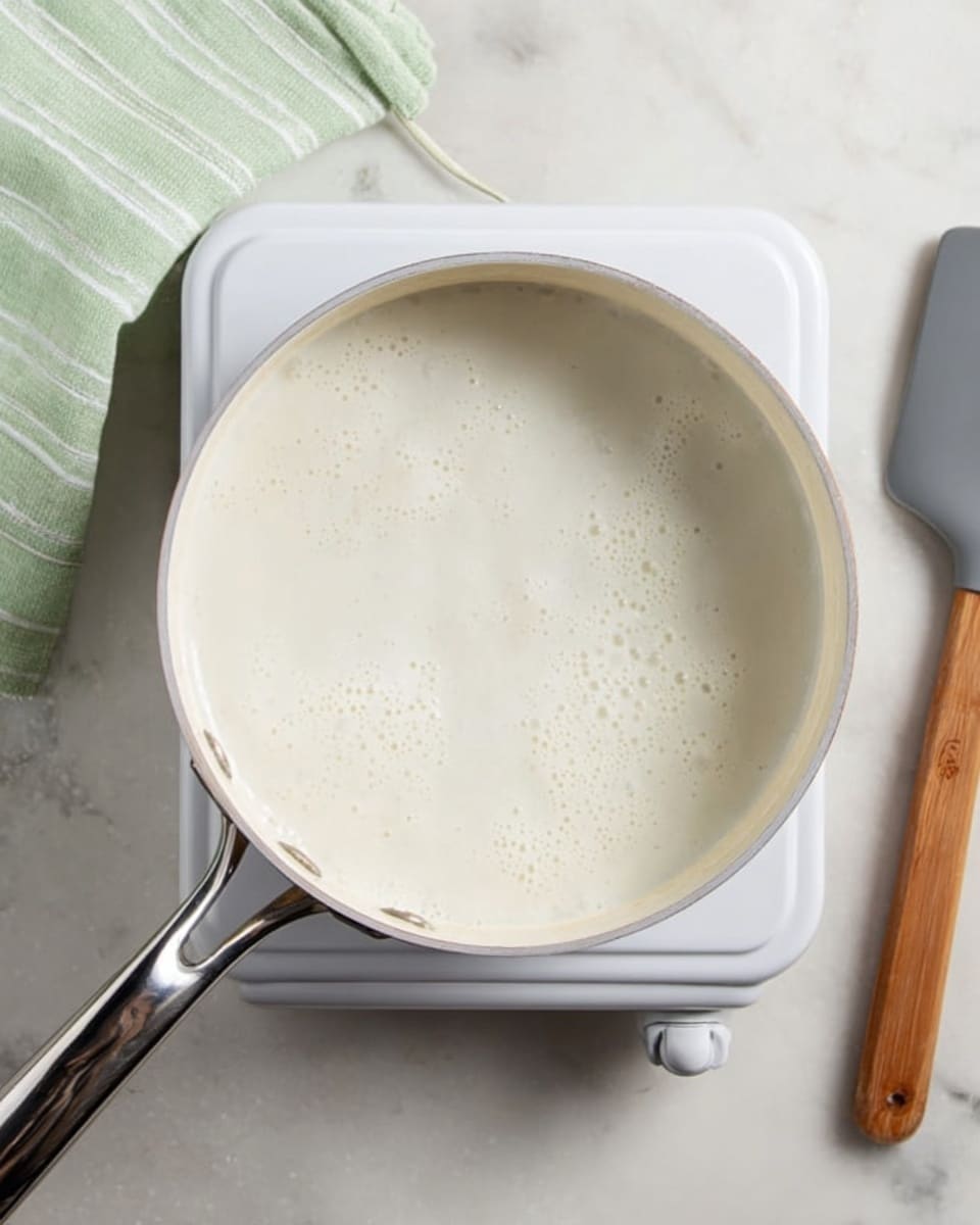 The image shows a white pot on a white electric stove with a creamy white liquid boiling inside. The liquid has small bubbles on the surface and looks smooth in texture. The pot has a shiny silver handle on the left side. Next to the stove on the right side, there is a gray spatula with a wooden handle resting on the white marbled surface. A light green and white striped cloth is partly visible on the top left corner. The scene is bright and clean. photo taken with an iphone --ar 4:5 --v 7