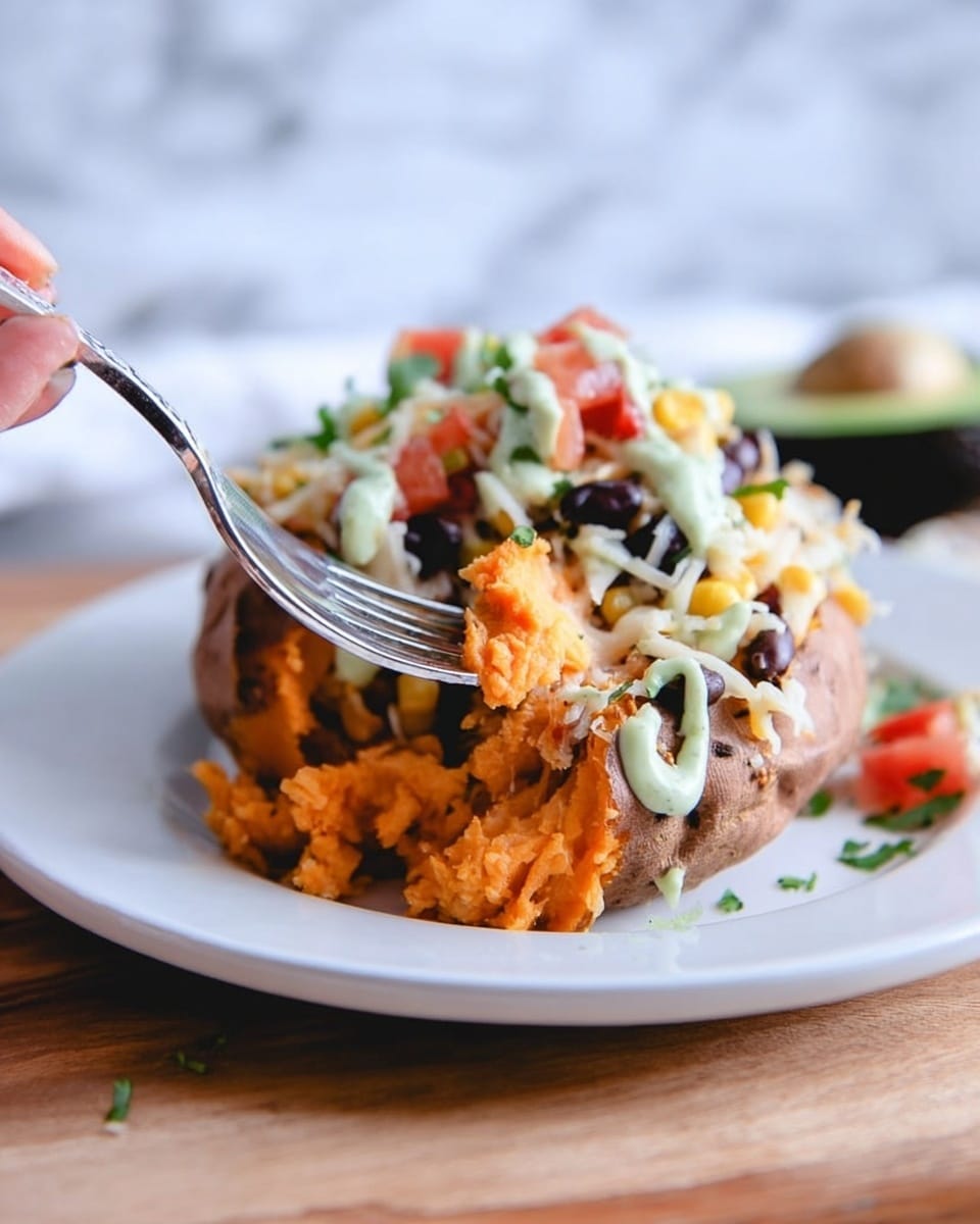 A white plate holds a stuffed baked sweet potato with three visible layers: the bottom layer showing soft, bright orange sweet potato flesh, the middle layer covered by melted shredded cheese, and the top layer featuring a mix of black beans, corn kernels, chopped green herbs, and small diced red tomatoes all lightly drizzled with a pale green creamy sauce. A silver fork is digging into the sweet potato, held by a woman's hand, and the plate is placed on a light wooden surface with a white marbled background. Photo taken with an iphone --ar 4:5 --v 7