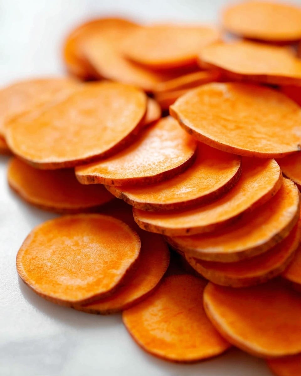 The image shows many thin, round slices of bright orange sweet potato piled on a white marbled surface. The slices have a smooth, slightly shiny texture with darker orange edges and lighter orange centers. The slices are stacked in a casual, overlapping way, creating a layered look with some slices more in focus in the front and others blending softly into the background. The whole scene is bright and clean, highlighting the fresh color and texture of the sweet potato slices photo taken with an iphone --ar 4:5 --v 7