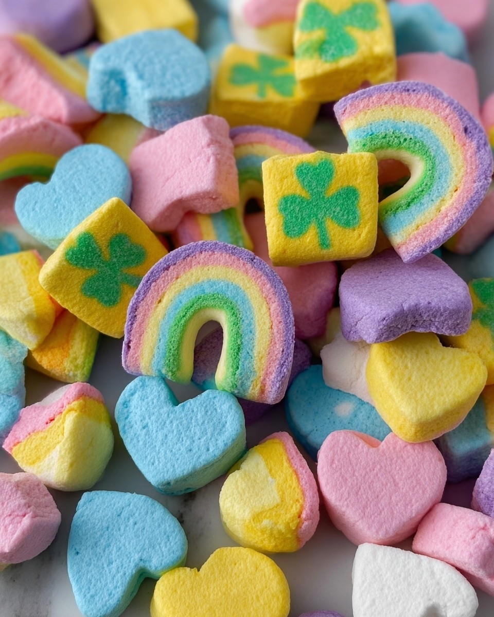 A close-up view of colorful marshmallow shapes mixed together, including pastel blue clouds, yellow squares with green four-leaf clovers, curved rainbows with pink, yellow, green, and blue layers, purple horseshoes, and pink hearts. The marshmallows have a soft and powdery texture, each piece showing several layers of bright pastel colors, creating a cheerful and playful scene. The background is a white marbled texture. photo taken with an iphone --ar 4:5 --v 7