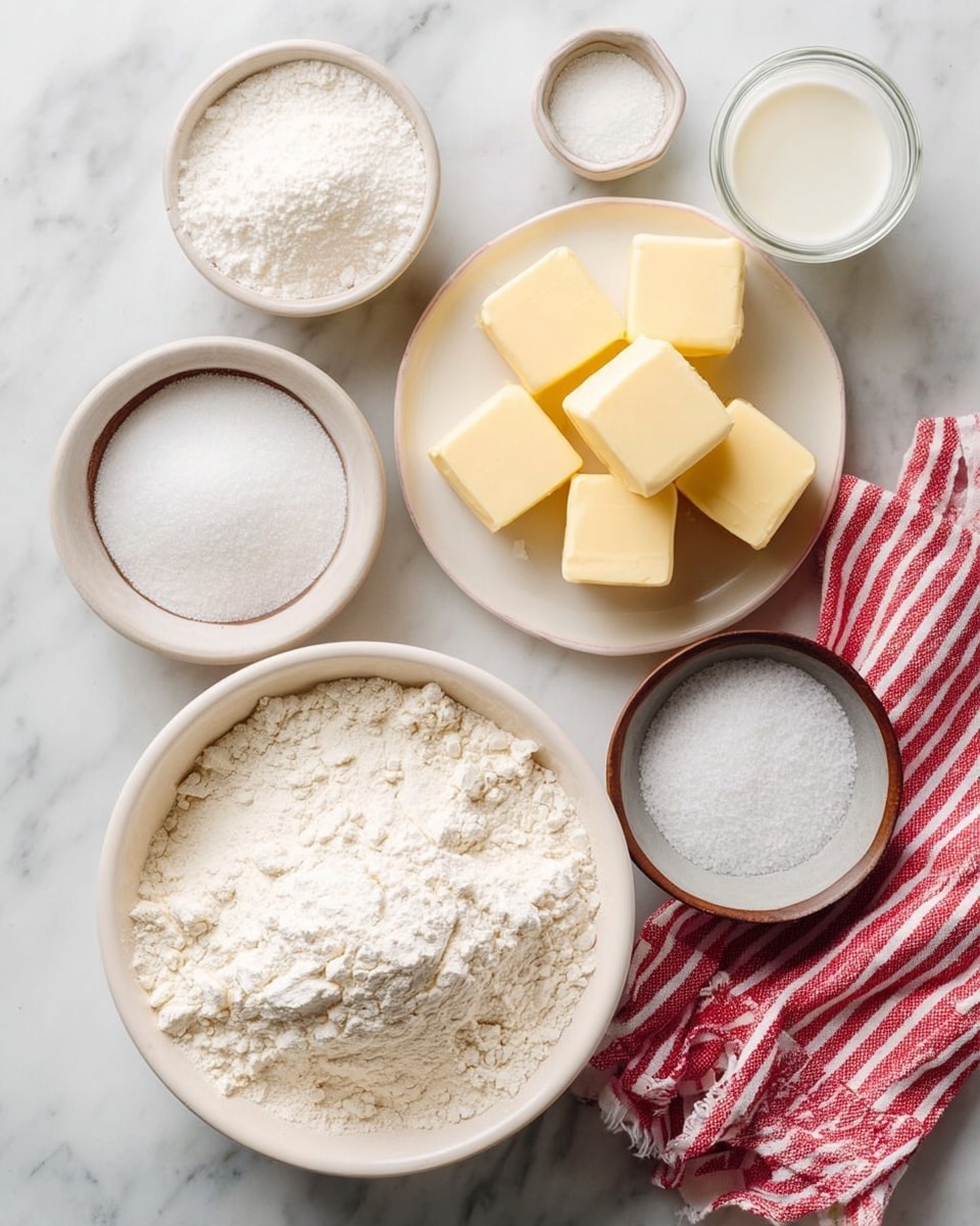 The image shows several baking ingredients arranged neatly on a white marbled surface. At the bottom left, there is a large bowl filled with white flour, textured with soft peaks. Above it and slightly to the right, a white plate holds six square yellow butter pieces. Around these, smaller white and brown bowls contain white powdered sugar, white granulated sugar, small white grains (likely salt), and a liquid ingredient in a clear glass, possibly milk or cream. A red and white striped cloth is folded and placed on the right side. The colors are soft and natural, with a clean and organized presentation. Photo taken with an iphone --ar 4:5 --v 7