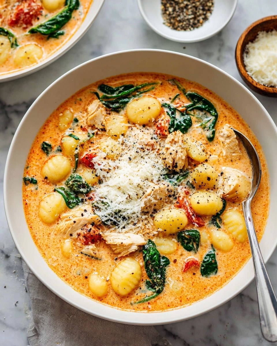 A white bowl filled with a creamy orange soup containing small round yellow gnocchi, chunks of light brown seasoned chicken, wilted green spinach leaves, and pieces of red tomato. The soup is topped with a heap of grated white cheese and a sprinkle of black pepper. A silver spoon rests inside the bowl on the right side. The bowl sits on a white marbled surface with small white and brown bowls holding grated cheese and ground black pepper nearby. Photo taken with an iphone --ar 4:5 --v 7