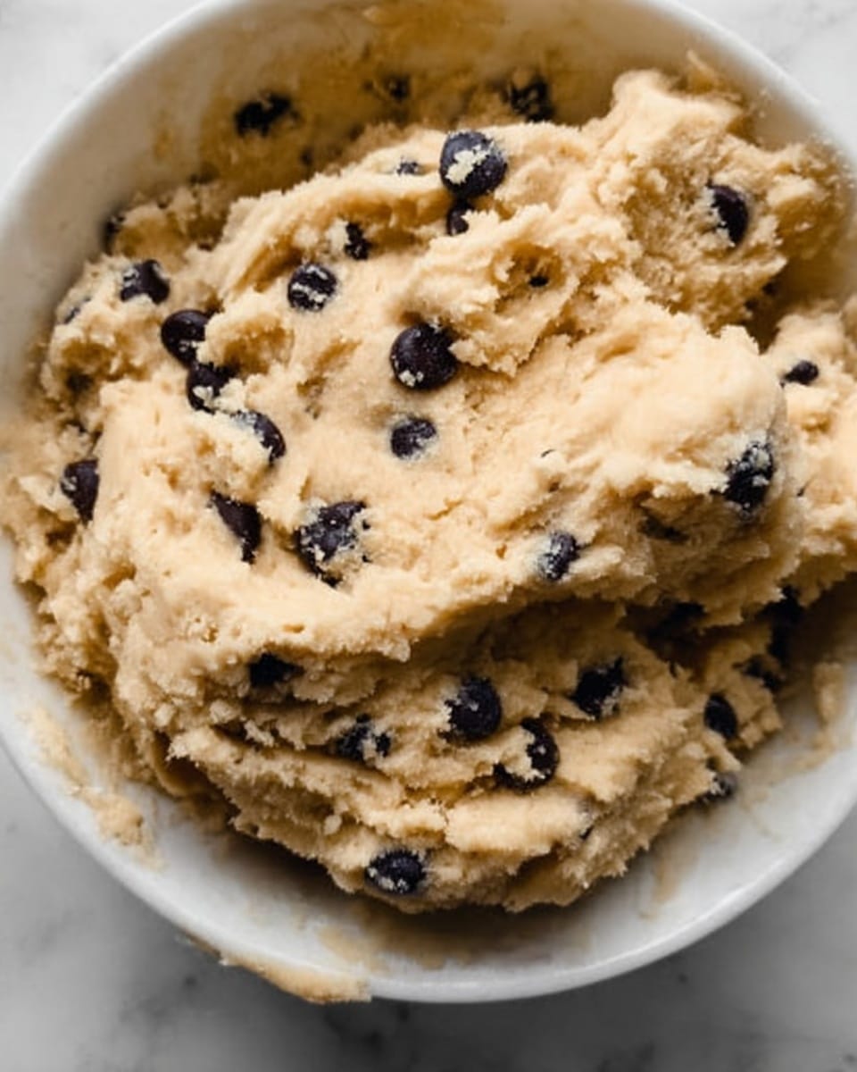 The image shows a close-up of thick cookie dough resting in a white bowl placed on a white marbled surface. The dough is light tan in color, with many scattered shiny dark chocolate chips embedded throughout. The texture looks soft and slightly lumpy, with some dough parts appearing smoother and others more coarse. The bowl’s edge is partially visible at the top right corner of the frame. The lighting creates gentle shadows, emphasizing the dough’s creamy texture and the shiny chocolate pieces. Photo taken with an iphone --ar 4:5 --v 7