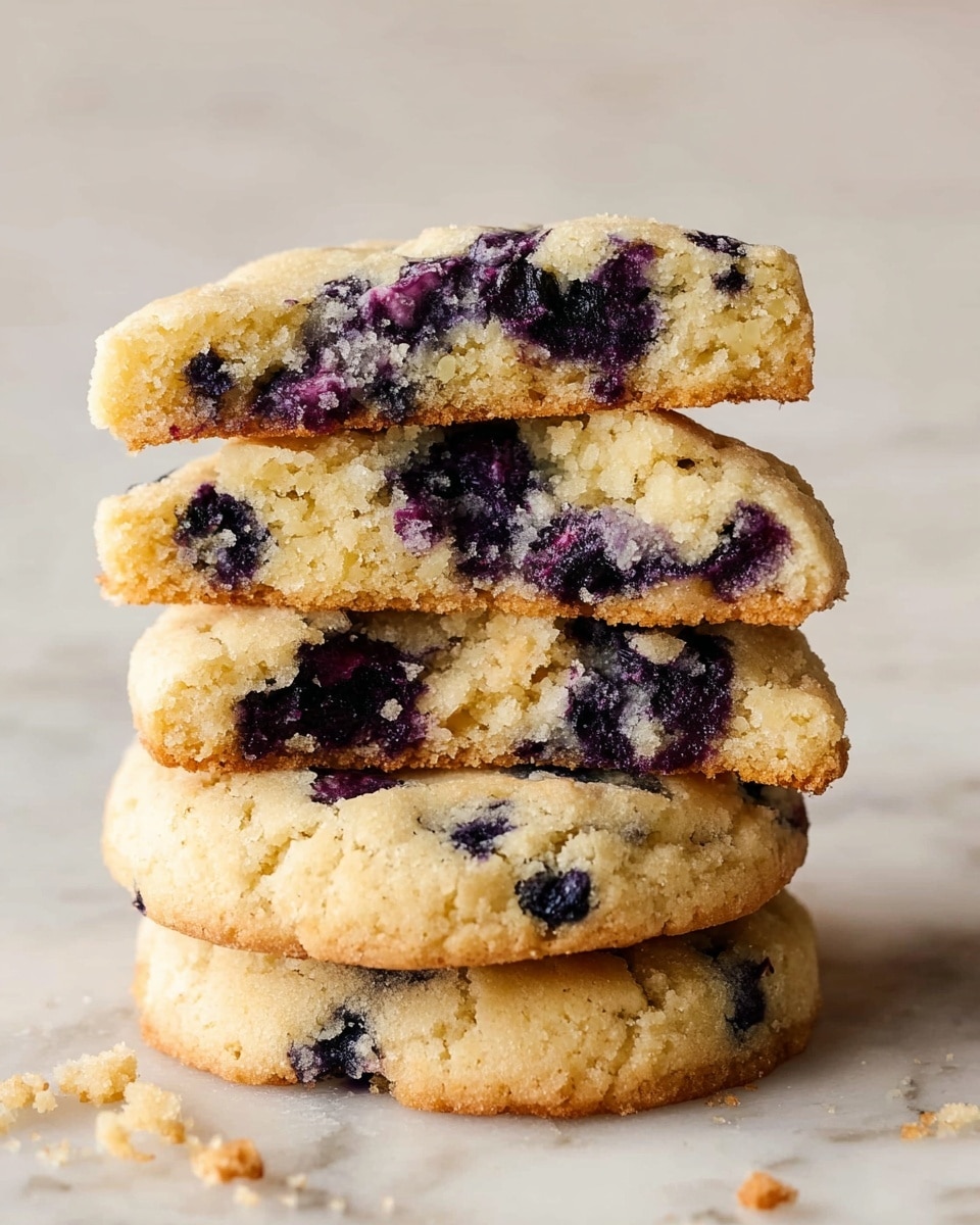 A stack of four broken cookies is shown on a white marbled surface, each cookie layer revealing a soft, crumbly texture with many small dark purple blueberry pieces scattered inside. The cookies have a light golden color on the outside, with the inside being slightly lighter and moist-looking. The edges of the cookies are slightly crisp, and crumbs are scattered around the base of the stack. The photo taken with an iphone --ar 4:5 --v 7
