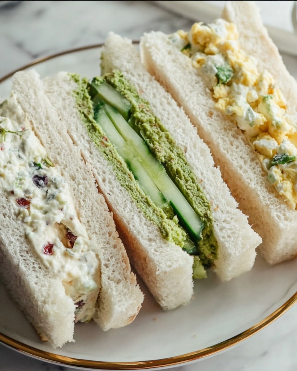 Three sandwich pieces are arranged side by side on a white plate with a gold rim, set on a white marbled surface. Each sandwich has two thick layers of soft, white bread. The left sandwich has a creamy filling with visible small red and dark bits mixed inside it. The middle sandwich has a green spread that looks like pesto or avocado with thin slices of cucumber in the middle. The right sandwich has a filling made of small chunks of egg mixed with a creamy sauce. The edges of the bread look soft and fluffy. Photo taken with an iphone --ar 4:5 --v 7