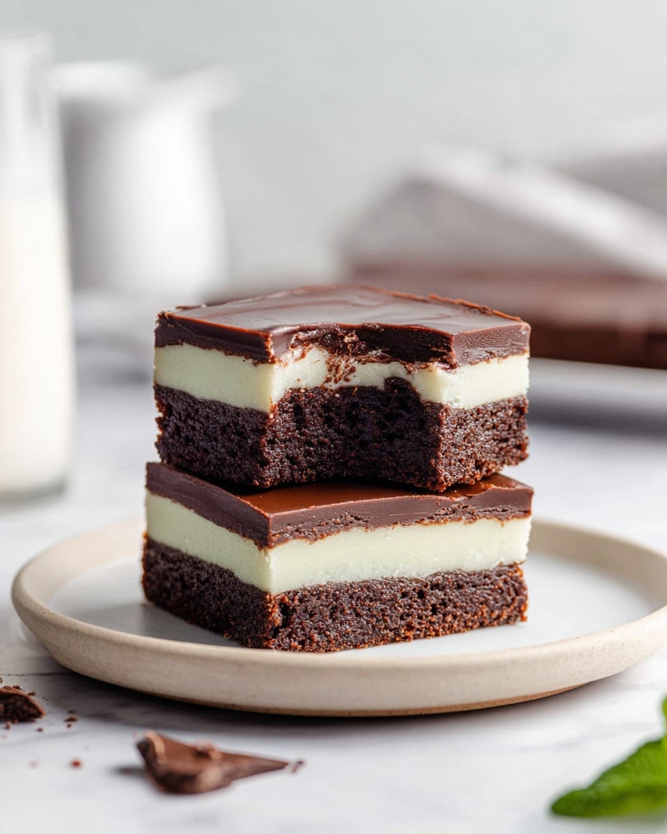 The image shows square layered dessert pieces arranged on a white marbled surface. Each piece has three layers: a bottom thick dark brown cake layer, a thin middle light green cream layer, and a smooth dark brown chocolate top layer. One piece is partially eaten with a silver fork holding a bite, showing the moist texture of the dark brown layer and creamy middle layer. Fresh green mint leaves are placed near the desserts for decoration. In the background, a white pitcher and a glass of milk are slightly blurred, along with a soft cloth, all set on the white marbled surface. photo taken with an iphone --ar 4:5 --v 7