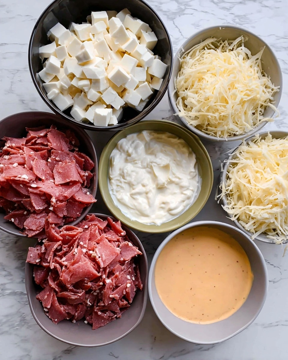 A white bowl holds five separate layers arranged side by side: pale yellow cheese cubes with small seeds sprinkled on top on the left, a large pile of finely shredded pinkish-red meat taking up most of the top and right side, white creamy mixture with seeds in the center, white chopped onions on the right, and a smooth light brown sauce with seeds on the bottom left. The bowl is placed on a white marbled surface. photo taken with an iphone --ar 4:5 --v 7