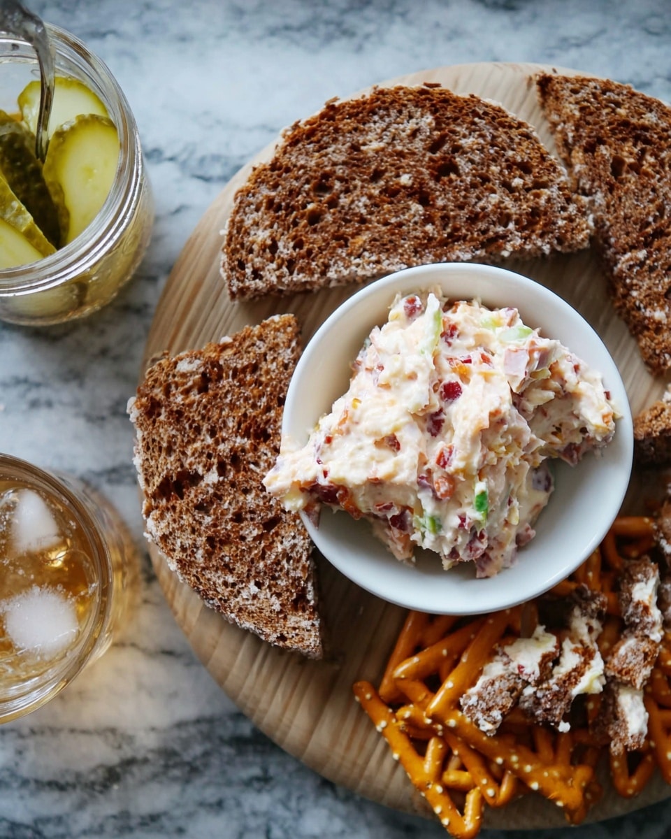 The image shows a dark brown triangular piece of bread topped with a creamy, melted layer of cheese mixed with small bits of reddish ingredients and a few green specks, giving a slightly crispy and bubbly texture on top. The bread rests on a black wire cooling rack placed over a surface with white marbled texture. Another plain triangular slice of the same dark bread is in the background on the rack. photo taken with an iphone --ar 4:5 --v 7