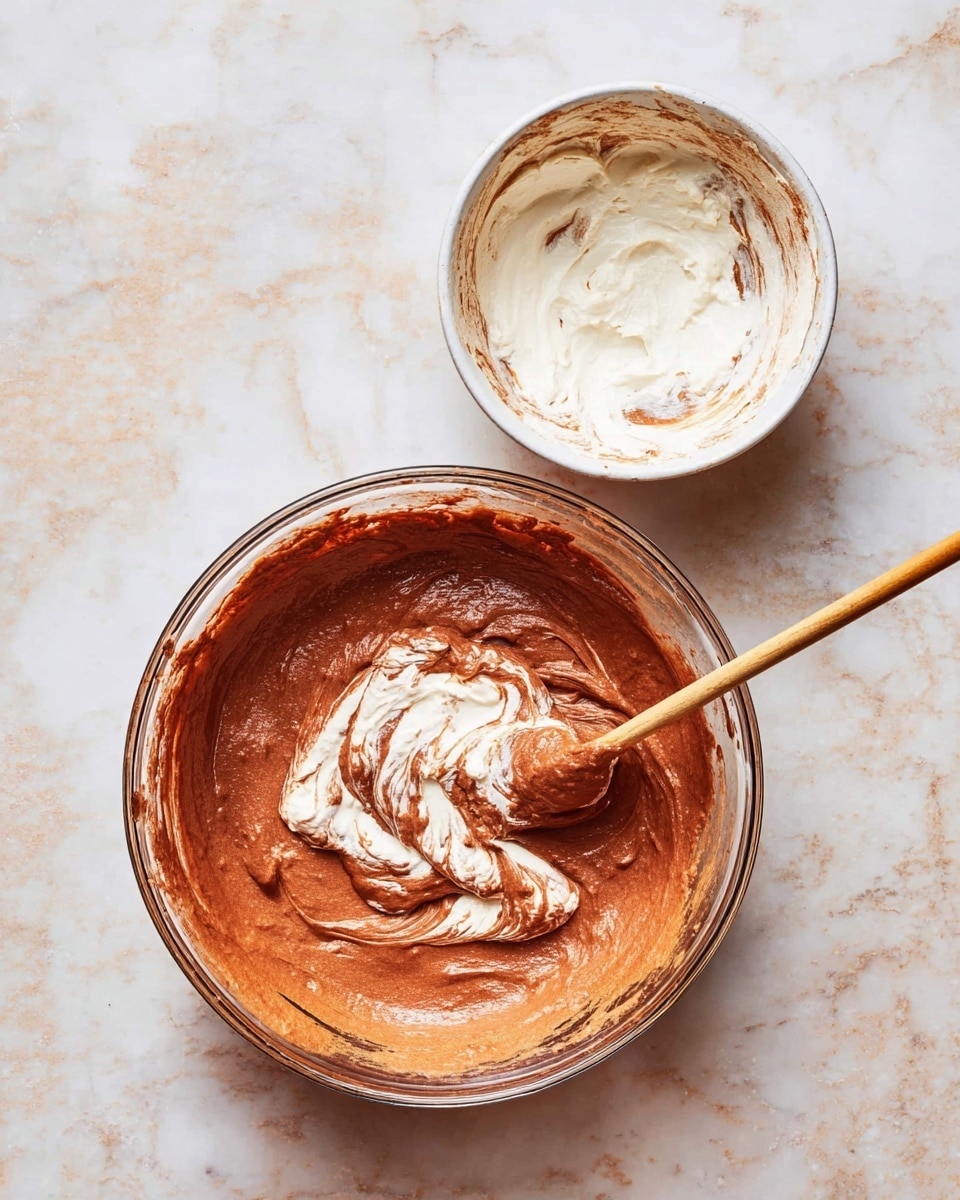 Two bowls sit on a white marbled surface, one larger transparent bowl in front and one smaller white bowl behind it. The larger bowl holds a thick chocolate-colored batter with a creamy white mixture partially folded into it, visible as swirls on the surface, and a wooden spoon resting inside. The smaller bowl contains the remnants of the creamy white mixture, smeared unevenly along its inner sides. The scene has a simple, clean kitchen feel with a focus on the mixing process. photo taken with an iphone --ar 4:5 --v 7