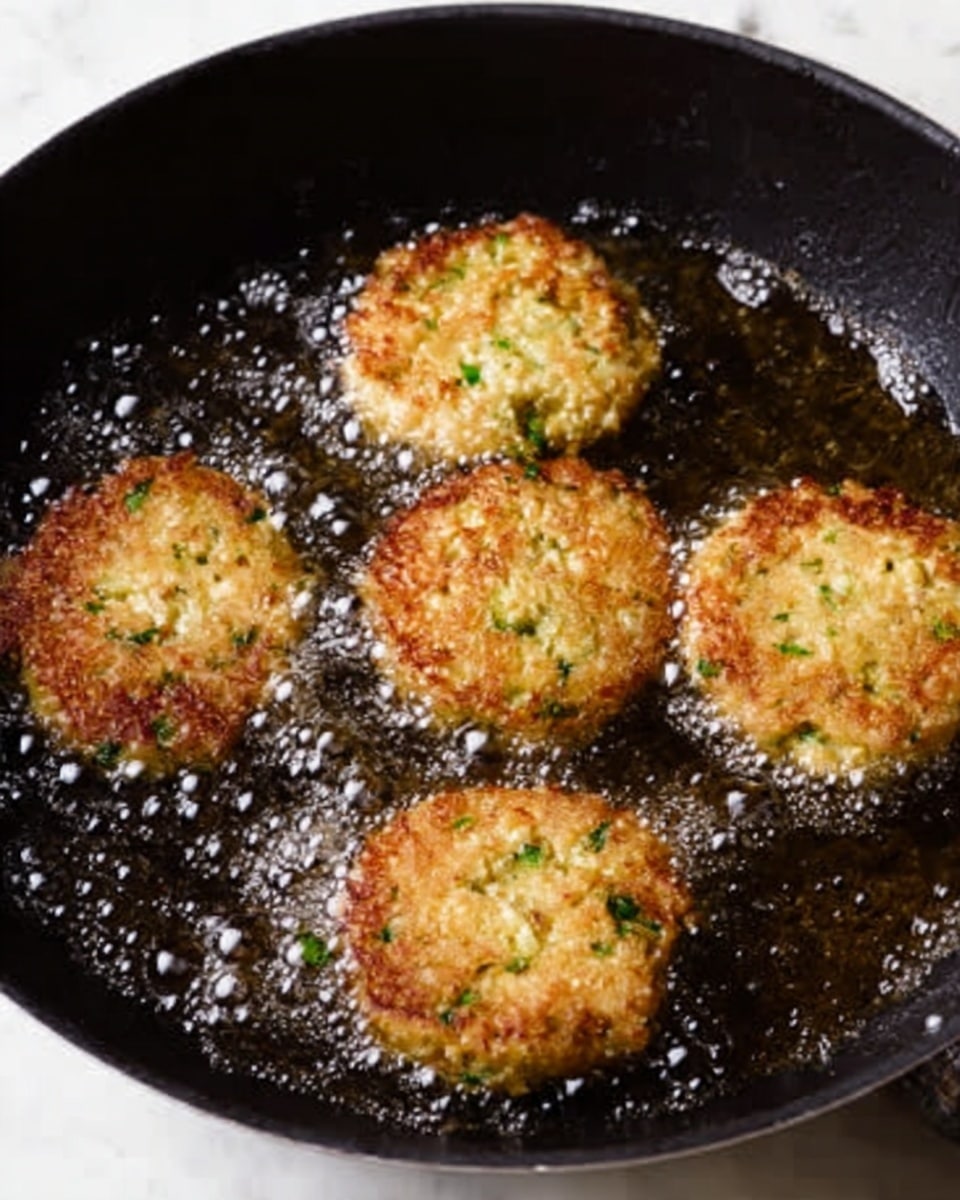 The image shows five round, golden-brown patties frying in a black pan filled with hot oil. Each patty has a rough texture with small green and white bits visible throughout, indicating herbs and chopped ingredients mixed inside. The patties are spaced apart evenly and appear to be sizzling with small oil bubbles around their edges on a white marbled surface. photo taken with an iphone --ar 4:5 --v 7