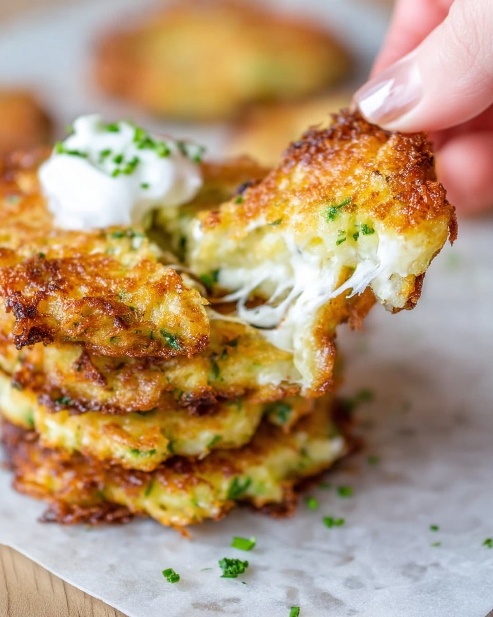 A close-up of golden brown, crispy fritters stacked on a white marbled surface, with green herbs mixed inside showing texture. One fritter is in a woman's hand, pulled apart to reveal stretchy, melted white cheese inside. The stack of fritters has a dollop of white sour cream on top, with some green herbs sprinkled nearby. The fritters have a rough, crunchy outside and soft inside. photo taken with an iphone --ar 4:5 --v 7