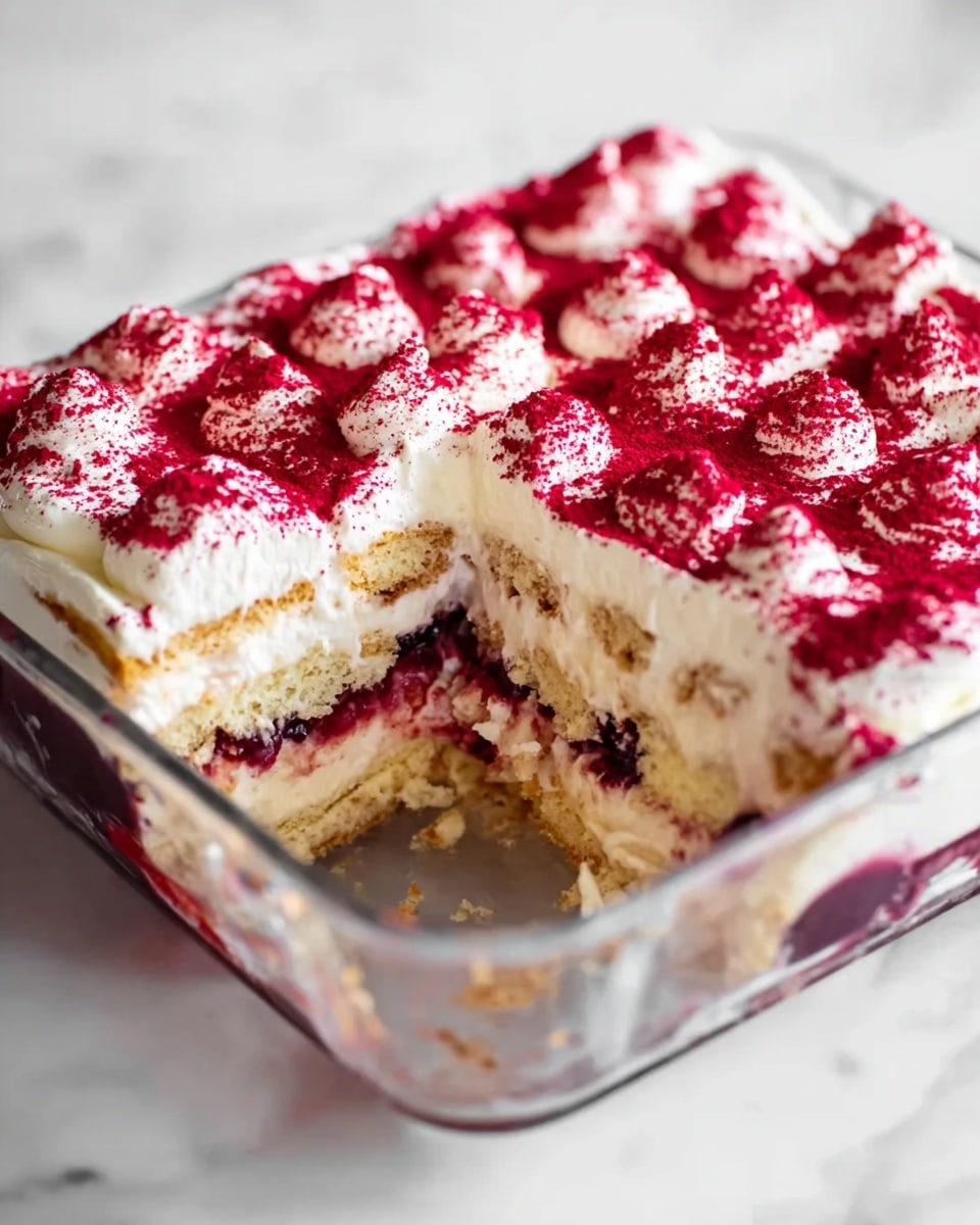 The image shows a rectangular glass dish with a layered dessert inside. The bottom layer is light brown cake or biscuit soaked with a bit of purple berry sauce. On top of that is a thick cream layer that looks smooth and white. Above this cream is another layer of light brown cake or biscuit mixed with more of the purple berry sauce. The dessert is topped with a thick layer of white whipped cream dollops, each dusted with bright red powder. Part of the dessert has been taken out, showing the clear layers inside. The dish sits on a white marbled surface. Photo taken with an iphone --ar 4:5 --v 7