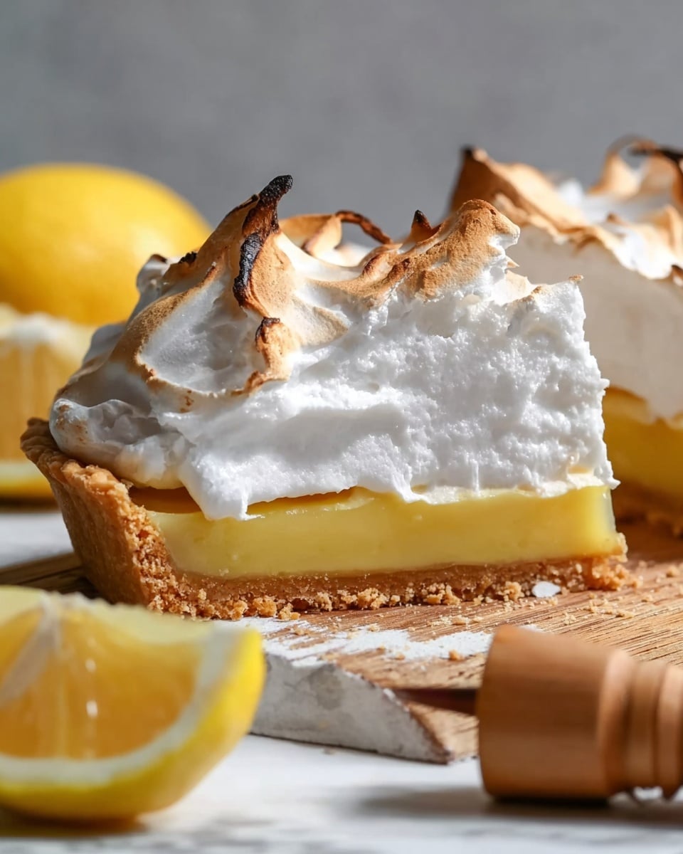 A close-up of a lemon meringue pie shows three main layers: a golden-yellow lemon custard base at the bottom that looks smooth and slightly shiny, a thin, light brown pie crust at the very bottom and sides that looks crumbly, and a thick, tall layer of white meringue on top with soft peaks toasted to a light brown color in some spots. The pie is cut into slices, and the edges reveal the clear layers. A half lemon and a wooden citrus juicer sit blurred in the foreground on a white marbled surface. Photo taken with an iphone --ar 4:5 --v 7