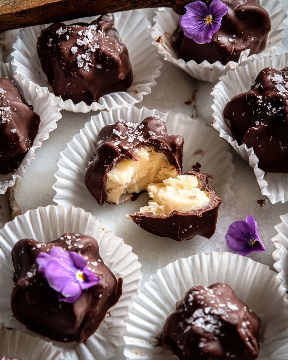 The image shows several small chocolate-covered treats placed on white paper liners arranged on a white marbled surface. Each treat has a rough, uneven shape with a dark brown outer chocolate layer sprinkled with coarse salt. Some treats are broken open, revealing a soft, creamy white and light yellow inside that looks smooth and fluffy. One treat has a small purple edible flower on top, adding a pop of color. In the background, there is a rustic wooden knife handle partially visible. Photo taken with an iphone --ar 4:5 --v 7