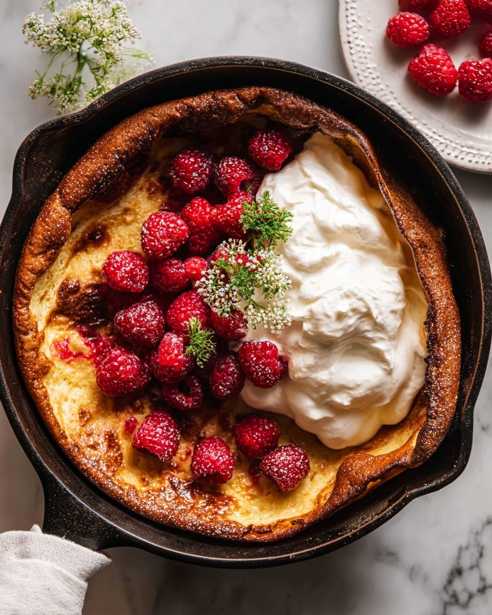 A dark cast iron pan holds a thick golden-brown pancake with a crispy edge, topped with a generous layer of smooth white whipped cream slightly melting and spreading over the pancake. Bright red raspberries are scattered over the whipped cream, adding pops of vibrant color, with a small sprig of green leaves placed among them for decoration. The pan sits on a white marbled textured surface, and a woman's hand wrapped in a light cloth grips the handle. In the top left corner, a white plate with ridged edges holds a few loose raspberries on the same white marbled surface. photo taken with an iphone --ar 4:5 --v 7
