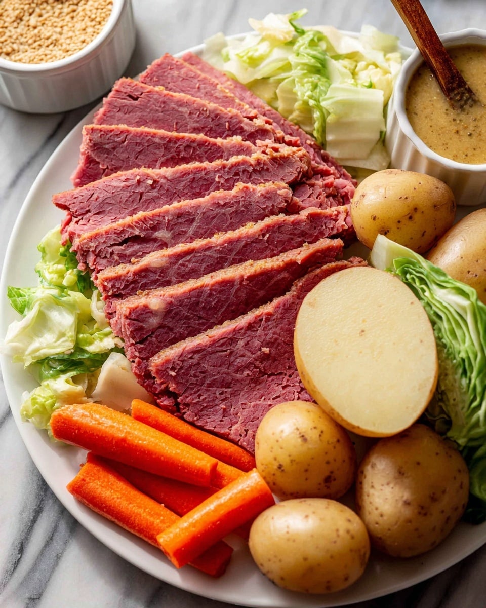 A white plate holds slices of pink corned beef arranged in a fanned-out layer to the left side, showing a tender, slightly grainy texture. Around the beef, there are several whole light brown potatoes, and a halved potato showing its pale yellow inside near the top middle. Chopped light green cabbage leaves are placed at the top and partially to the left behind the beef. Bright orange carrot sticks, peeled and smooth, are placed in the bottom left corner of the plate. In the top right corner, a small white bowl contains a grainy mustard sauce with a wooden spoon in it, on a white marbled surface. photo taken with an iphone --ar 4:5 --v 7