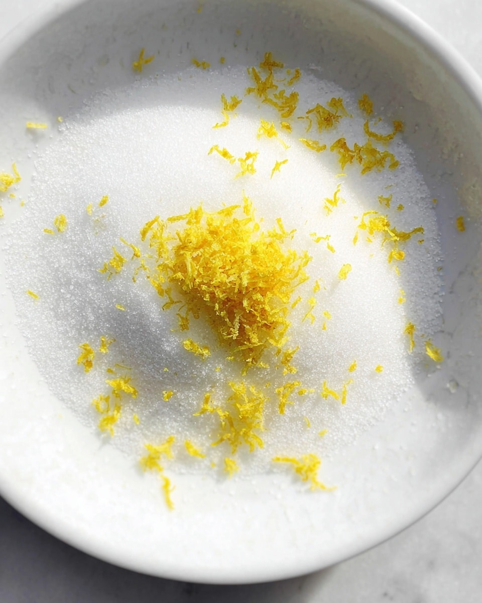 A close-up view of a white bowl filled with granulated white sugar as the base layer, topped with a small heap of finely grated yellow lemon zest in the center, and scattered lemon zest pieces around it. The bowl rests on a white marbled surface, showing soft natural light. Photo taken with an iphone --ar 4:5 --v 7