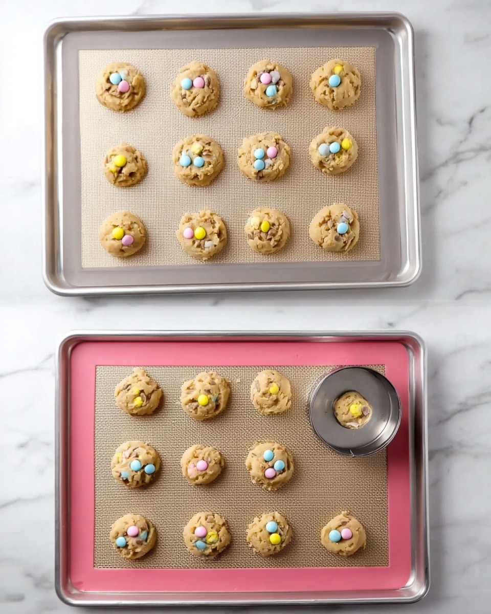 The image shows two baking trays with silicone mats placed on a white marbled surface. The top tray holds eight small cookie dough balls spaced evenly apart, each with visible pastel-colored candy pieces in soft yellow, light blue, and pale pink scattered on their light brown, chunky dough. The bottom tray displays the same cookies now fully baked into round, slightly golden cookies with the candies embedded on top, showing a smooth but textured cookie surface. A round metal cookie cutter rests on the right side of the bottom tray, containing one more unbaked dough ball with candy pieces. Photo taken with an iphone --ar 4:5 --v 7