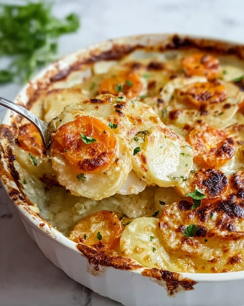 A white round ceramic dish filled with a golden brown baked potato gratin. The dish shows three visible layers of thinly sliced potatoes that are creamy white with slightly browned, crispy edges. Bright orange slices of cooked carrots are scattered throughout the layers. The top layer is covered with melted cheese that is bubbly and toasted with dark brown spots. Small green parsley leaves are sprinkled on the top layer for color. The dish sits on a white marbled surface and a metal spoon holds a scoop of the gratin with a woman's hand visible in the corner. Photo taken with an iphone --ar 4:5 --v 7