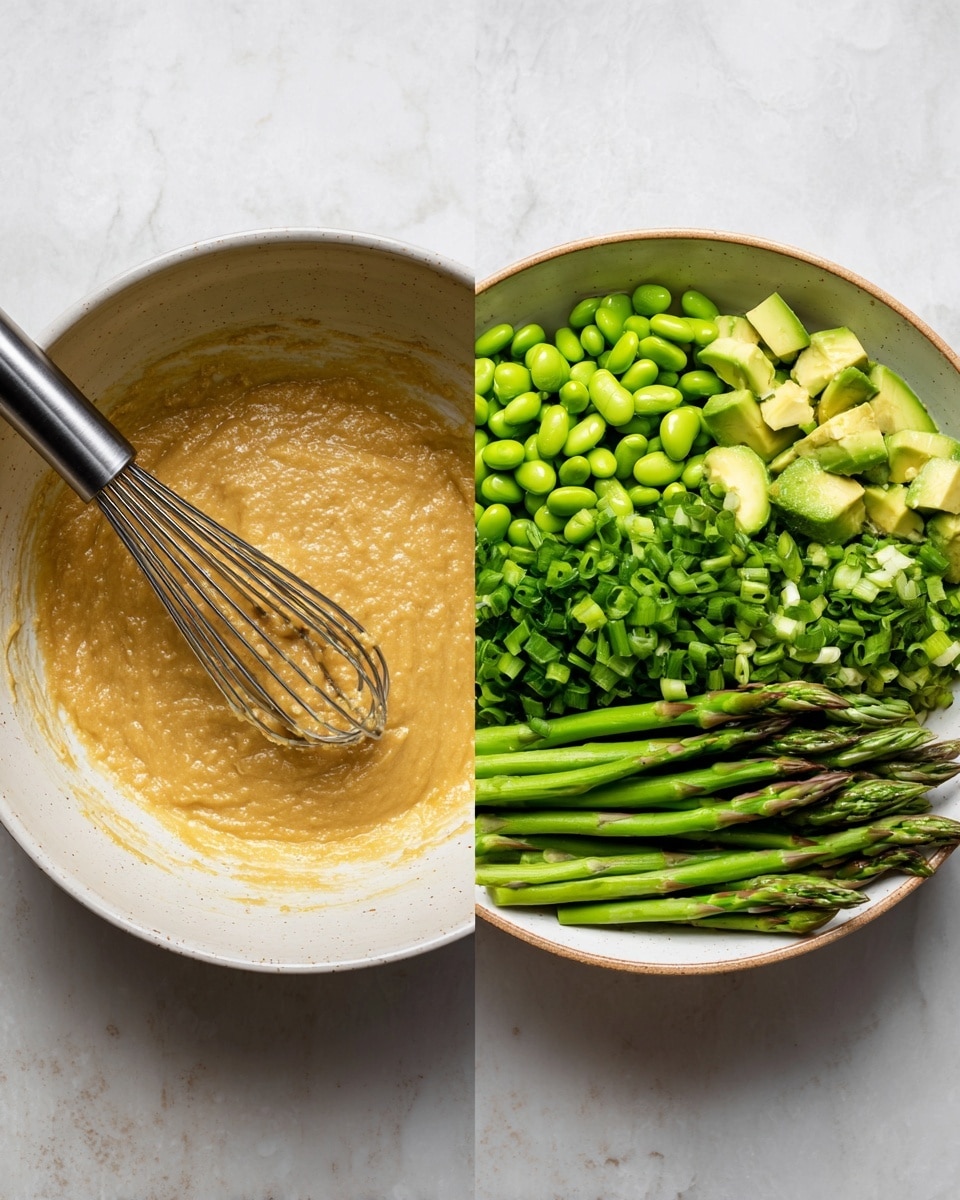 The image shows two side-by-side round bowls on a white marbled surface. The bowl on the left contains a light beige mixture with a smooth texture, mixed evenly by a metal whisk resting inside. The bowl on the right holds four distinct layers: bright green edamame beans on the top left, finely chopped green onions at the top center, light green diced avocado on the top right, and long stalks of fresh green asparagus placed diagonally along the bottom half, all arranged neatly in a white bowl. Photo taken with an iphone --ar 4:5 --v 7