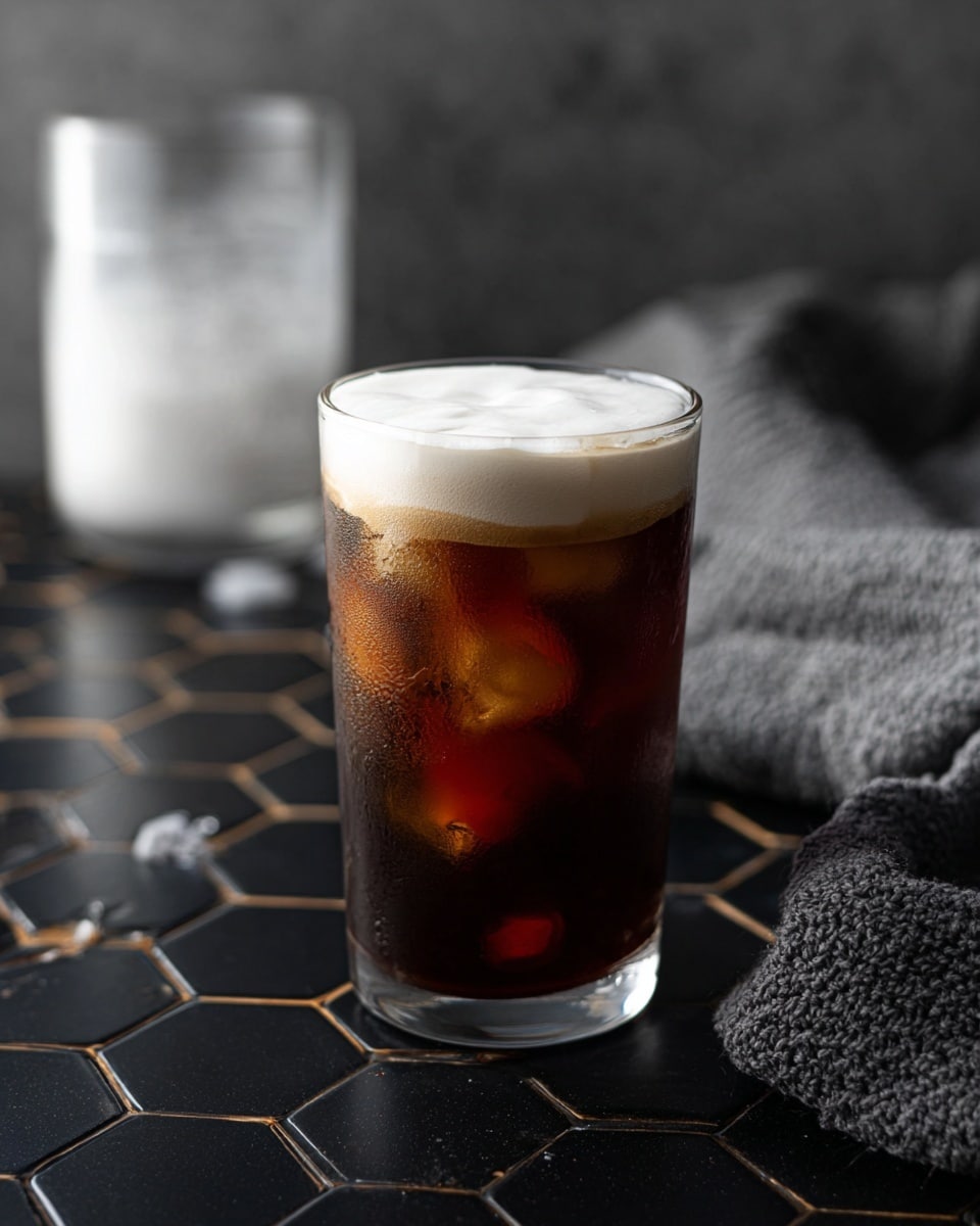 A clear glass filled with dark brown iced coffee layered with ice cubes visible inside and topped with a thick, fluffy white foam layer that slightly spills over the rim. A woman's hand is holding the glass on the right side. The background shows a white marbled texture surface with a blurred out glass pitcher and a grayish cloth in the distance. Photo taken with an iphone --ar 4:5 --v 7