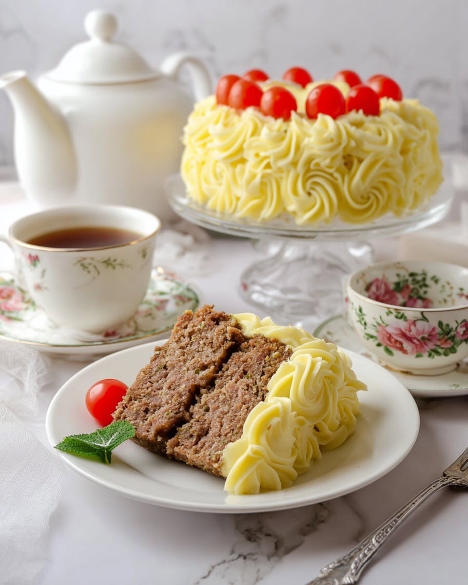 A white plate holds a slice of a layered dish with three clear layers: the bottom layer is a brown, textured meat layer, the middle layer is a thin dark sauce, and the top layer is light yellow mashed potatoes piped in small swirls around the edge with cherry tomatoes and a small green leaf as decoration. Behind the plate is a larger round white dish with the whole layered dish, featuring thick mashed potatoes covering the top in swirled patterns and five cherry tomatoes placed evenly. To the left, there is a white cup with dark tea on a pale green saucer with white dots, and a small white milk jug. On the right is a white teapot with a lid and a bright yellow flower on the white marbled surface background. A silver fork rests on the plate, touching the slice of food photo taken with an iphone --ar 4:5 --v 7