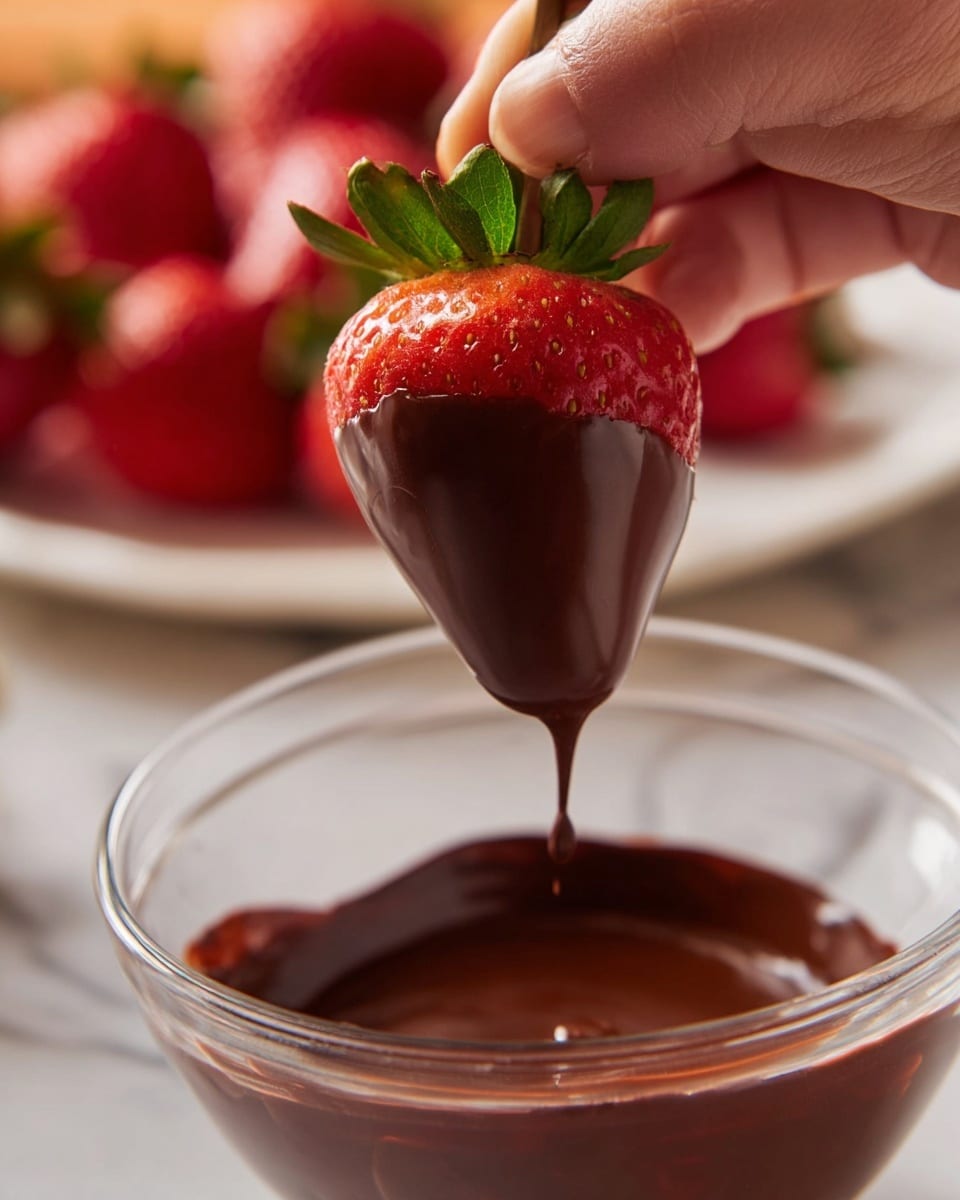A large red strawberry with a green stem is being dipped into smooth, shiny dark brown chocolate that coats the strawberry fully with a small drip hanging from the bottom. The strawberry is held by a woman's hand and is above a clear glass bowl filled with more melted chocolate. In the softly blurred background, there are several whole strawberries placed on a white plate. The scene rests on a white marbled surface. photo taken with an iphone --ar 4:5 --v 7
