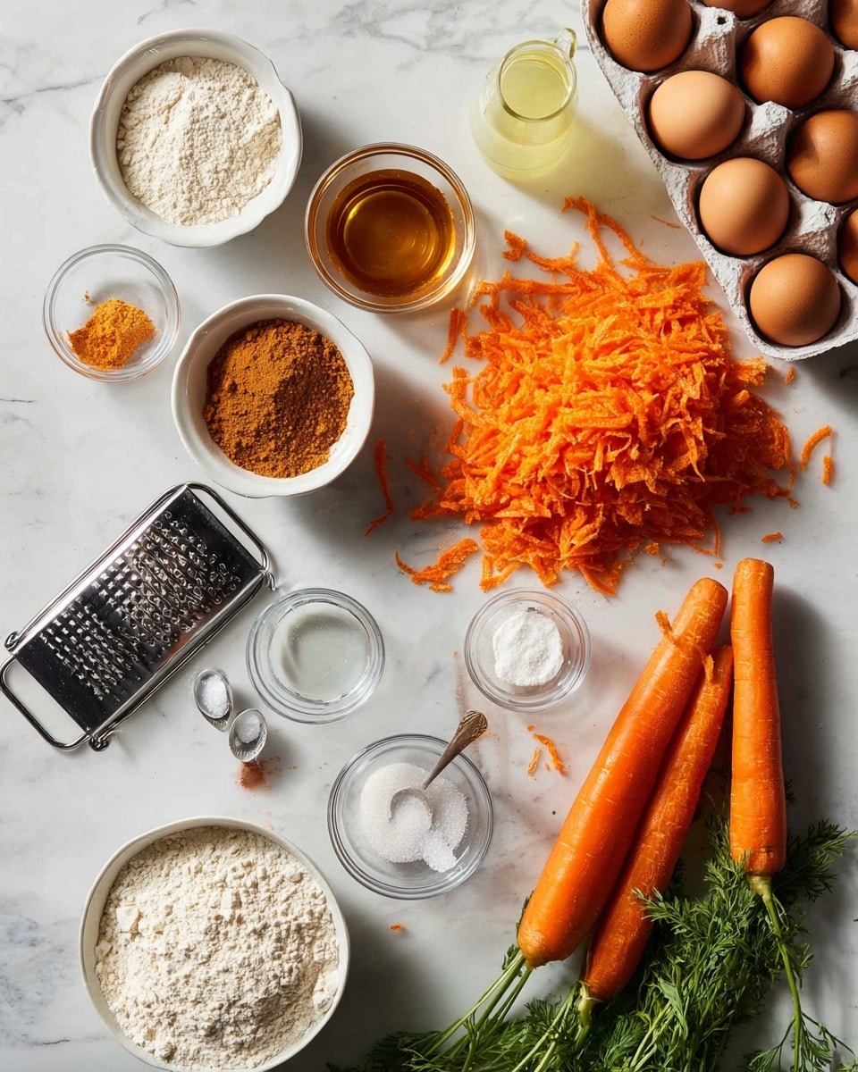 The image shows ingredients for baking arranged on a white marbled surface. There are four peeled orange carrots with green leafy tops on the right, and next to them a pile of freshly grated orange carrot shreds spilling from a metal grater towards the center left. Around the carrots and grated shreds are several white bowls: one with light brown powder, one with darker brown powder, one with a yellowish solid lump, and measuring spoons containing salt. A small glass jug with light yellow liquid and a glass bottle with dark syrup sit nearby. At the top right, a white egg carton holds six brown eggs. Two clear glass bowls at the bottom contain a pale wheat flour mix and white flour. The overall colors are warm orange, brown, beige, and white. photo taken with an iphone --ar 4:5 --v 7