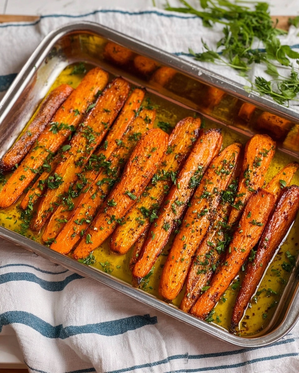 The image shows a silver roasting pan filled with roasted whole carrots that are cut in half lengthwise. The carrots have a rich orange color with a slightly browned and crispy texture on the edges. They are topped with finely chopped green herbs scattered evenly across the surface. There is a light layer of olive oil glistening around the carrots, giving them a shiny and moist look. The pan rests on a white cloth with thin blue stripes on a white marbled surface. Some fresh green herbs are placed beside the pan. photo taken with an iphone --ar 4:5 --v 7