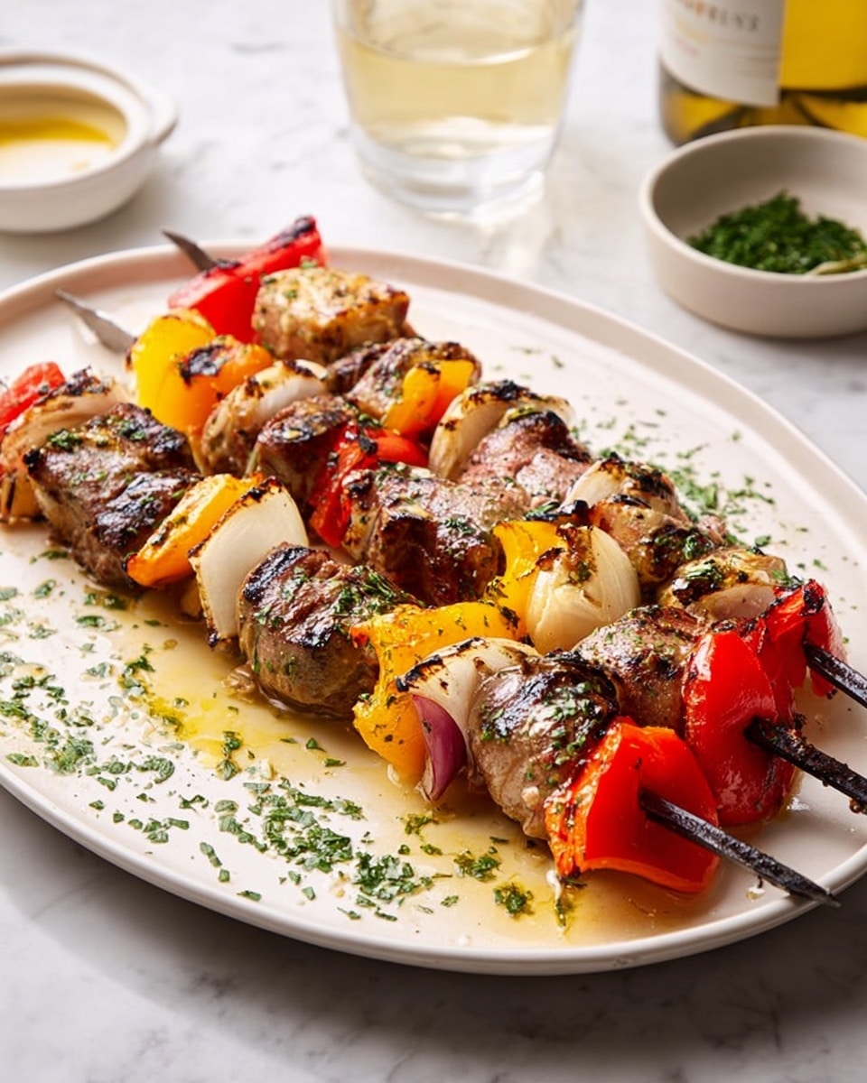 Four metal skewers hold pieces of grilled meat, red and yellow bell pepper slices, and white onion chunks, arranged alternately. The meat is browned with grill marks, and the vegetables are charred slightly, giving a cooked look. The skewers are placed on a large white oval plate, sprinkled with chopped green herbs. In the background, a glass of white wine, a white bowl with green herbs, and a woman's hand holding a bottle can be seen on a white marbled surface. Photo taken with an iphone --ar 4:5 --v 7