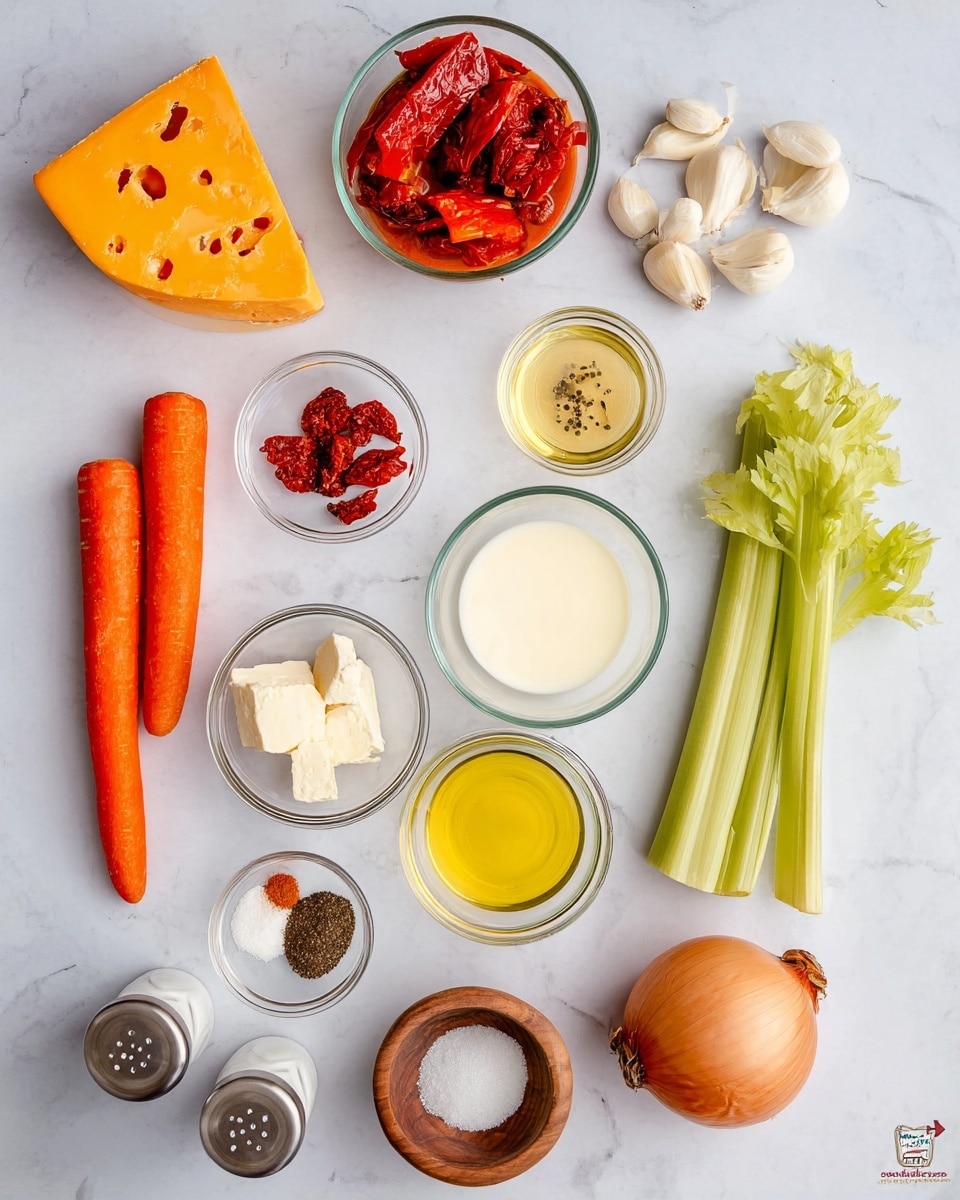 The image shows various cooking ingredients arranged neatly on a white marbled surface. There are three peeled carrots in the bottom left corner, two celery stalks with leaves in the bottom right, and a half and whole onion near the center right. A small pile of garlic cloves is placed just above the onions. In the center are small glass bowls holding ingredients: one with a yellow pat of butter, one with red dried tomatoes, one with a light yellow oil, one with white cream, and one larger bowl with roasted red peppers. At the top left corner, there is a wedge of orange cheese with holes. A small wooden bowl with four spices (red, black, and white powders) is placed near the center right. Salt and pepper shakers are at the bottom left beside the carrots. The setup is clean, organized, and evenly spaced. photo taken with an iphone --ar 4:5 --v 7