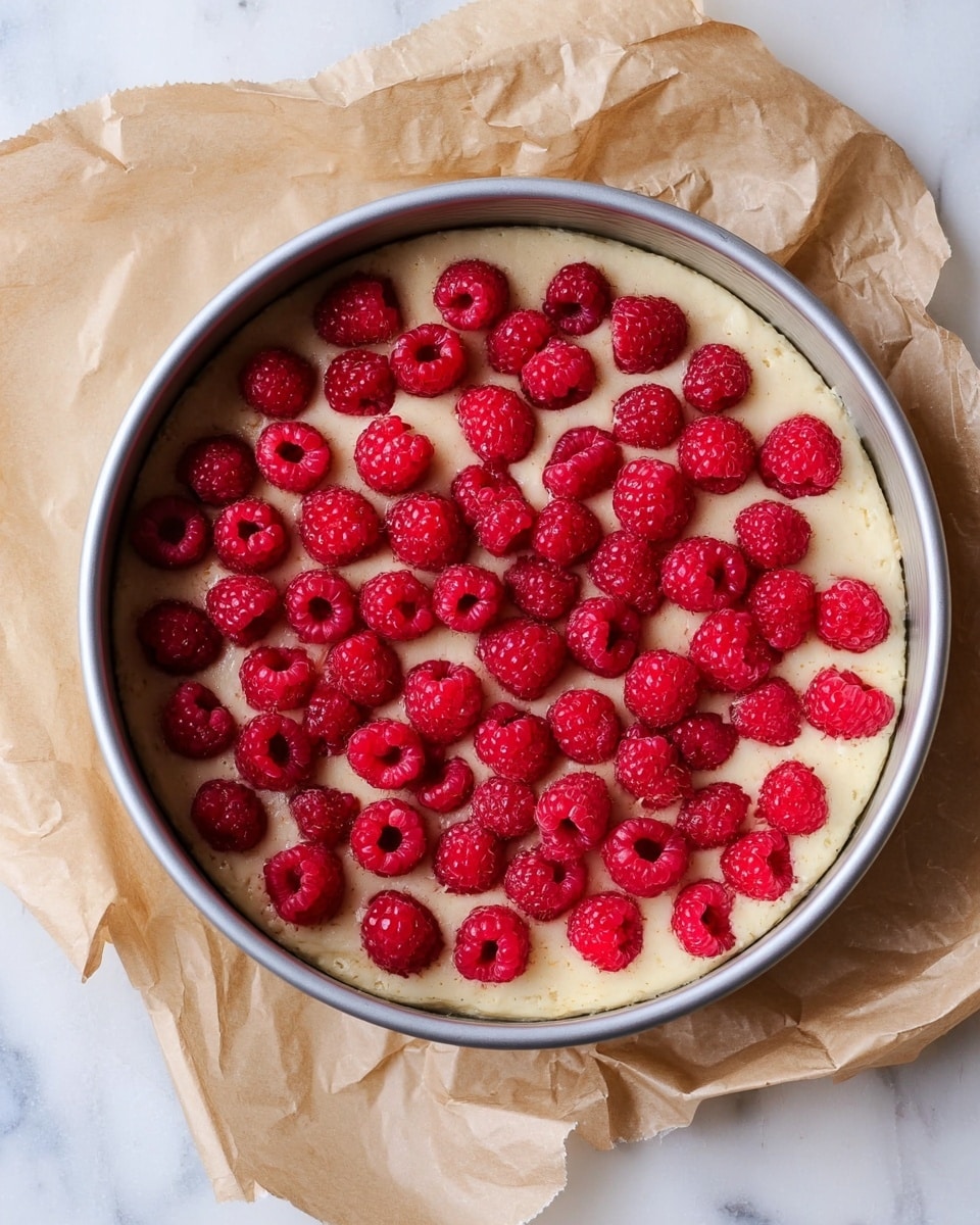 A round metal baking pan filled with a thick, pale off-white batter layer as the base, topped evenly with a layer of bright red raspberries scattered close together, showing their bumpy texture and hollow centers; the pan is set on crumpled brown parchment paper, all placed on a white marbled surface. photo taken with an iphone --ar 4:5 --v 7