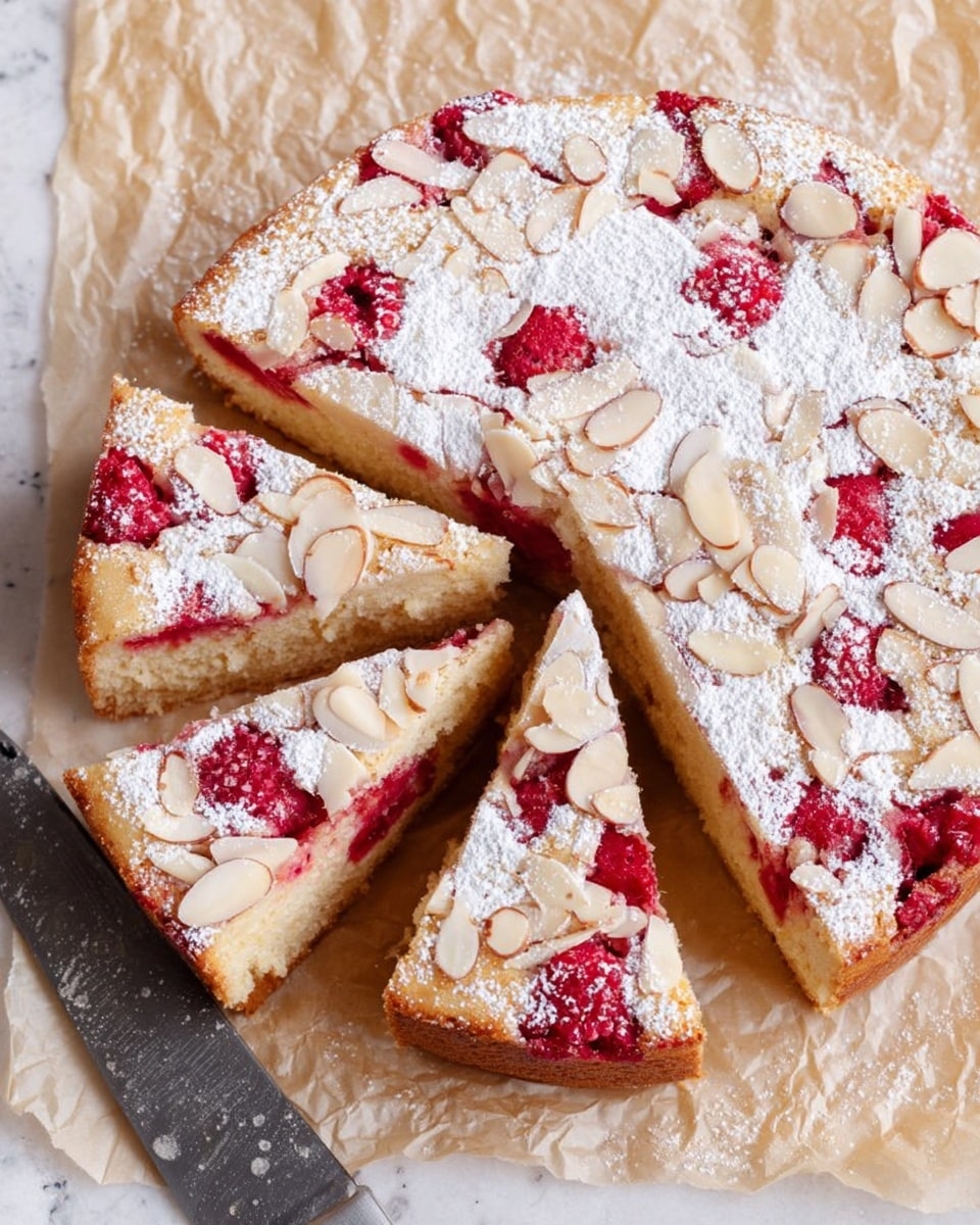 The image shows a round cake sliced into wedges on crinkled parchment paper with a knife nearby. The cake has two main layers: a base layer that is golden brown and soft-textured, and a top layer covered with bright red raspberry pieces and thin pale almond slices. The top is dusted with white powdered sugar, creating a light snowy effect over the fruit and almonds. The cake edges are slightly browned and the inside looks moist and fluffy. The overall setting is on a white marbled surface. Photo taken with an iphone --ar 4:5 --v 7