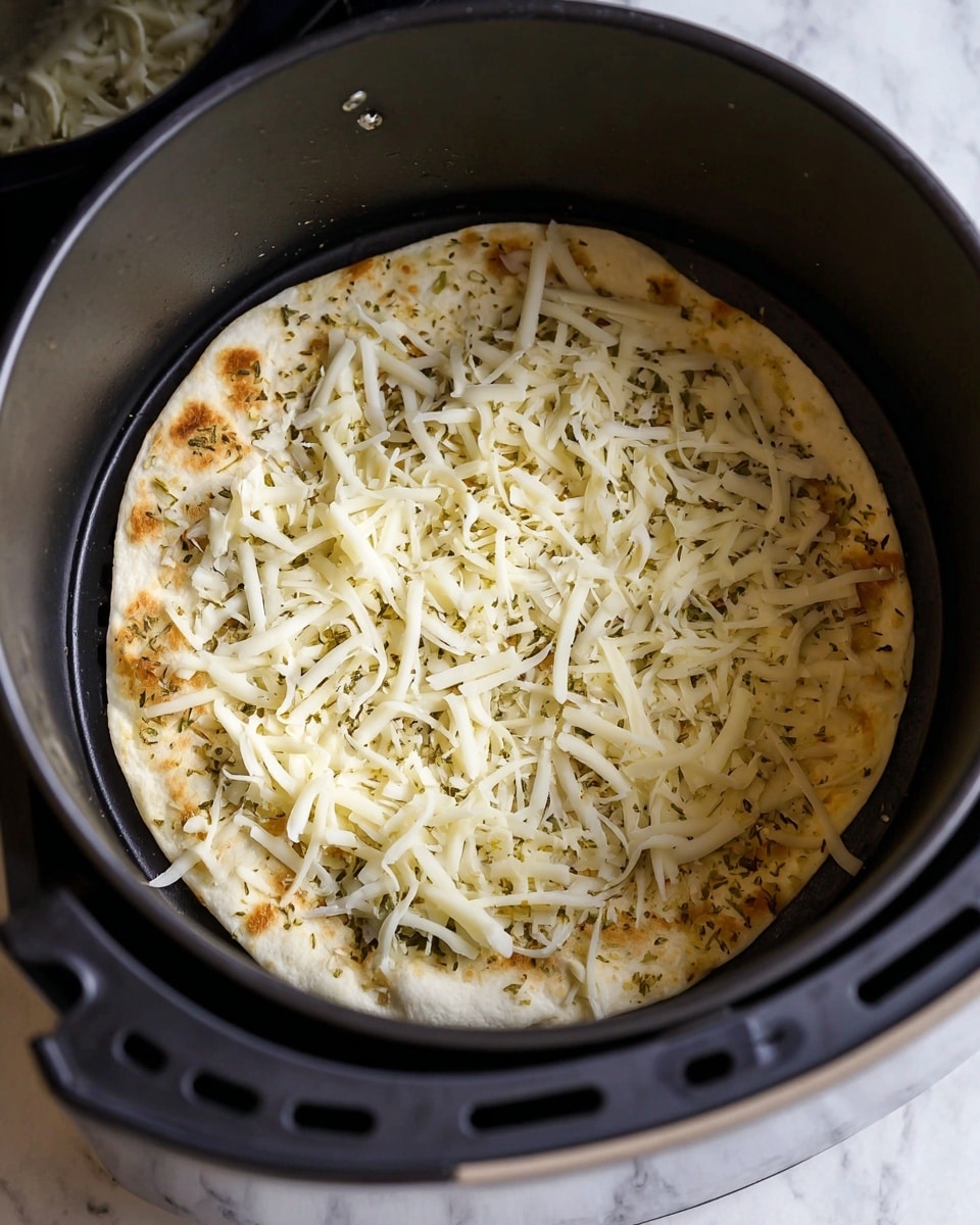 A single round flatbread layer lies at the bottom of a black air fryer basket with a light sprinkling of herbs and spices on top. The flatbread surface is pale yellow-beige with a slightly soft and uneven texture. Over this, a layer of shredded white cheese is scattered evenly, with fine strands lying loosely and some melting spots starting to show. The air fryer basket has a dark matte finish and is placed on a white marbled surface. Photo taken with an iphone --ar 4:5 --v 7
