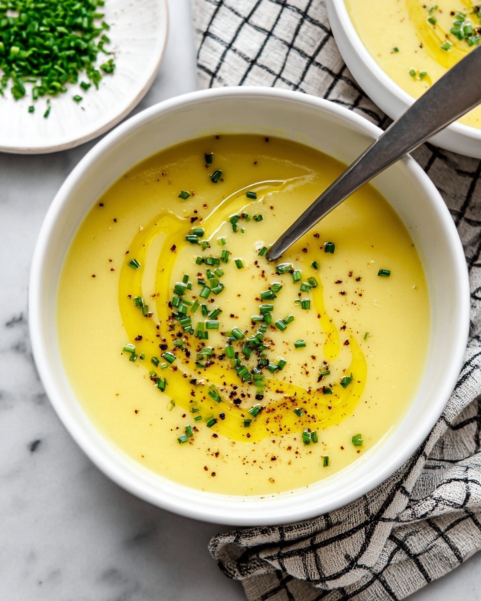 Two white bowls are shown on a white marbled surface, each filled with smooth, thick yellow soup. The bowl in the front has chopped green chives and black pepper sprinkled on top, with a spoon dipping into it from the right side where a woman's hand is holding it. The bowl behind is being filled with more soup poured from a ladle, showing a creamy and velvety texture flowing down in a soft stream. A small plate with more chives is visible to the left, and a checkered cloth is on the right side of the frame. Photo taken with an iphone --ar 4:5 --v 7