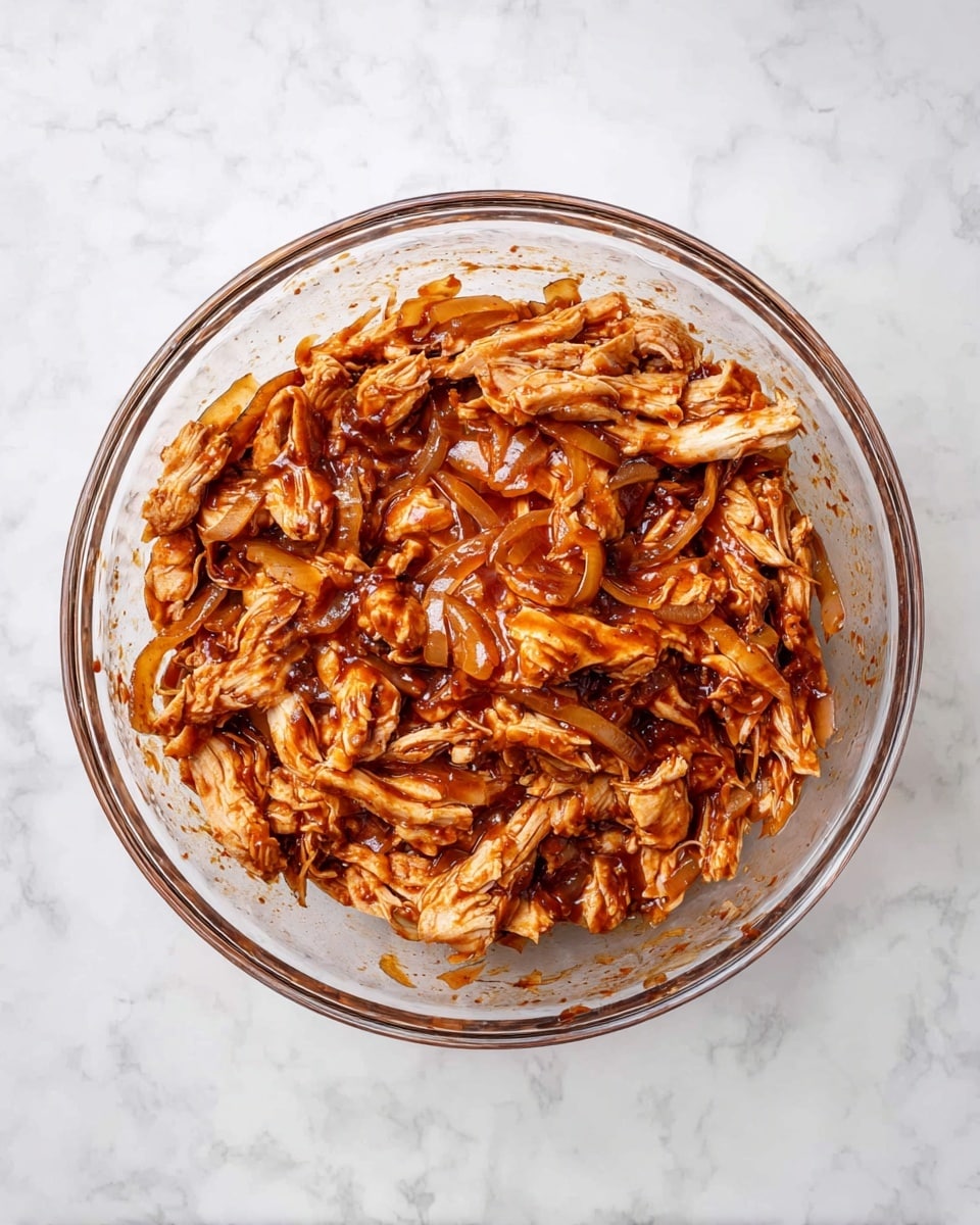 A clear glass bowl sits on a white marbled surface, filled with shredded, cooked chicken mixed with caramelized onion slices. The chicken pieces are coated in a rich, dark reddish-brown sauce, giving a glossy texture, while the onions appear soft and slightly translucent, blending well with the saucy chicken. The mixture has a layered, slightly chunky appearance with some sauce clinging to the bowl's sides, showing the saucy texture. photo taken with an iphone --ar 4:5 --v 7