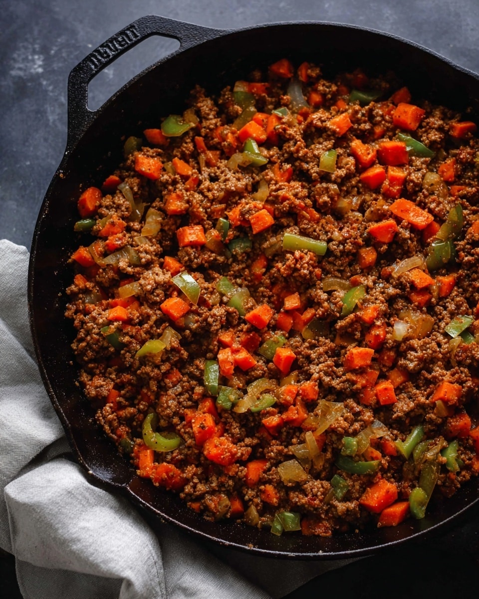 A close-up view of a black cast iron pan filled with cooked ground meat mixed with chunks of orange carrot, green bell pepper, and translucent cooked onion pieces, all evenly spread in the pan creating a textured mix of brown, orange, green, and light yellow colors, resting on a dark surface with a light grey cloth draped on the side photo taken with an iphone --ar 4:5 --v 7