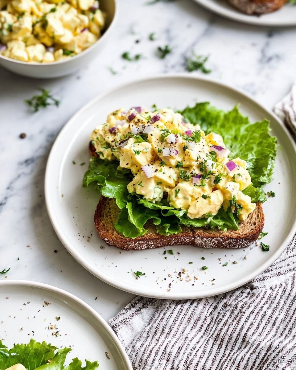 The image shows an open sandwich on a white plate placed on a white marbled surface. The sandwich has one layer of green leaf lettuce on the bottom, which covers the dark brown toasted bread fully. On top of the lettuce, there is a thick layer of egg salad mixed with small pieces of purple onion and green herbs, giving it a creamy texture with yellow, white, purple, and green colors. Around the plate, some chopped green herbs and black pepper are scattered lightly. Nearby, there are parts of a white bowl with more egg salad and another white plate with more green lettuce leaves. A striped cloth is spread around the plate, adding a soft texture to the scene. Photo taken with an iphone --ar 4:5 --v 7