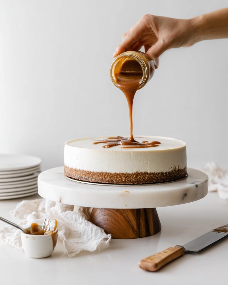 A round cheesecake with two clear layers is shown on a white marble-topped stand with a wooden base; the bottom layer is a light brown crust with a rough texture, and the top layer is smooth, thick, and creamy white. A woman's hand is pouring a thick, light brown caramel sauce from a small glass jar onto the center of the cheesecake, with the sauce flowing down softly. In the background, there is a white marbled surface with some stacked white plates, a spoon on a small white dish with caramel sauce, and a knife with a wooden handle on the right side. A crumpled white cloth is also partially visible near the knife. The overall setting is bright and clean. photo taken with an iphone --ar 4:5 --v 7