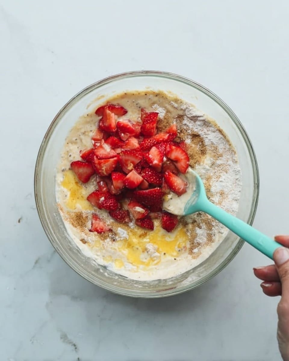 A clear bowl sits on a white marbled surface filled with a mix of wet and dry ingredients. The bottom layer is a light beige batter with visible chunks of yellow butter melting in it. On top, there is a heap of chopped red strawberries concentrated in the center, creating a bright contrast. Around the edges, the dry flour and some brown sugar or spice powder are scattered, giving a mix of white and light brown patches. A turquoise spoon is partially submerged on the right side, stirring the ingredients. A woman's hand holds the spoon with a delicate grip. Photo taken with an iphone --ar 4:5 --v 7