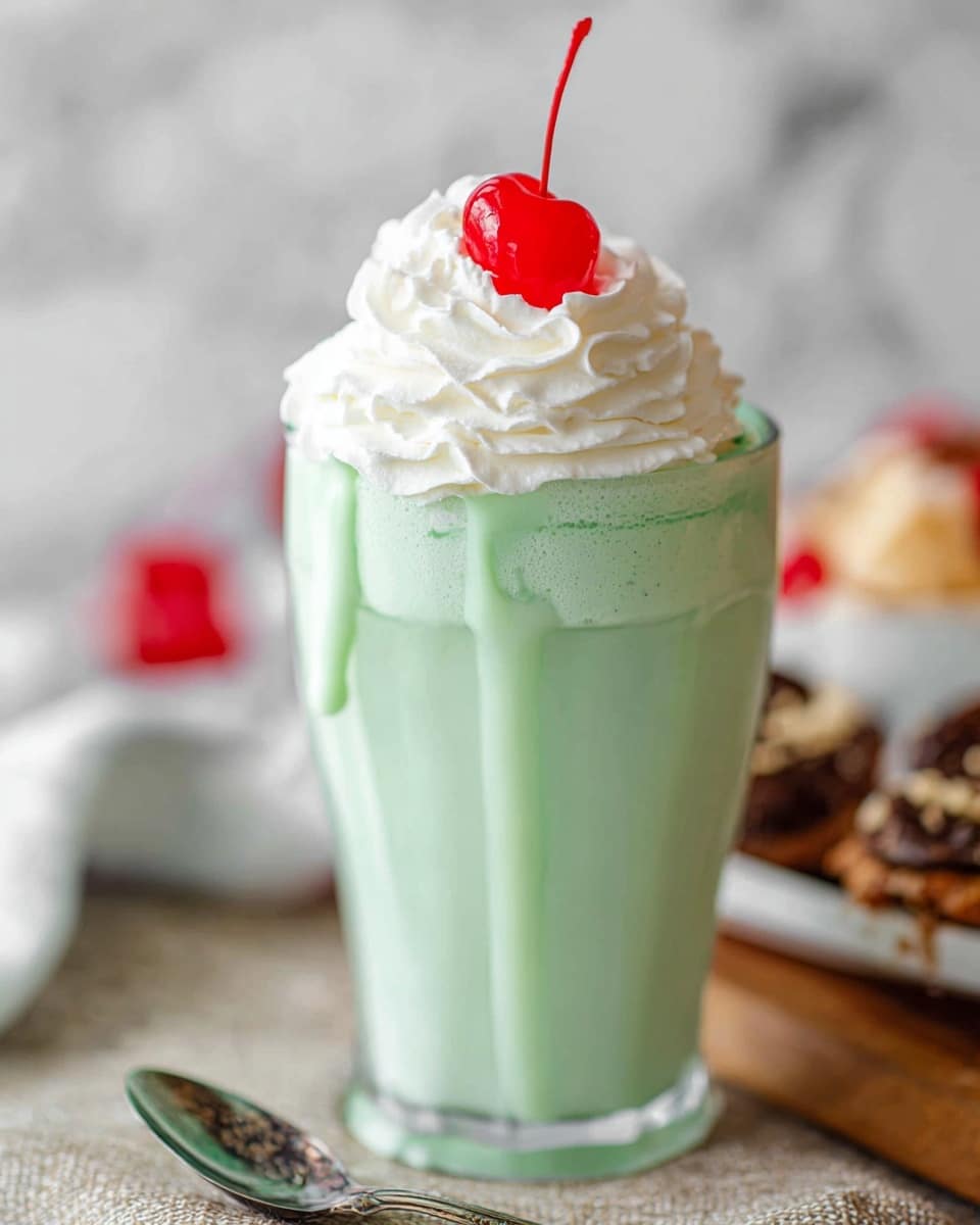 A tall clear glass filled with a light green creamy milkshake forms the base layer, showing smooth texture with slight frothiness near the top. The middle layer is a thick swirl of white whipped cream sitting neatly on top of the green shake. At the very top, a bright red cherry with a long stem rests on the whipped cream, adding a pop of color. A white straw is inserted into the right side of the glass, standing upright. The glass sits on a white marbled surface with blurred red cherries and a round glass bowl nearby. Photo taken with an iphone --ar 4:5 --v 7