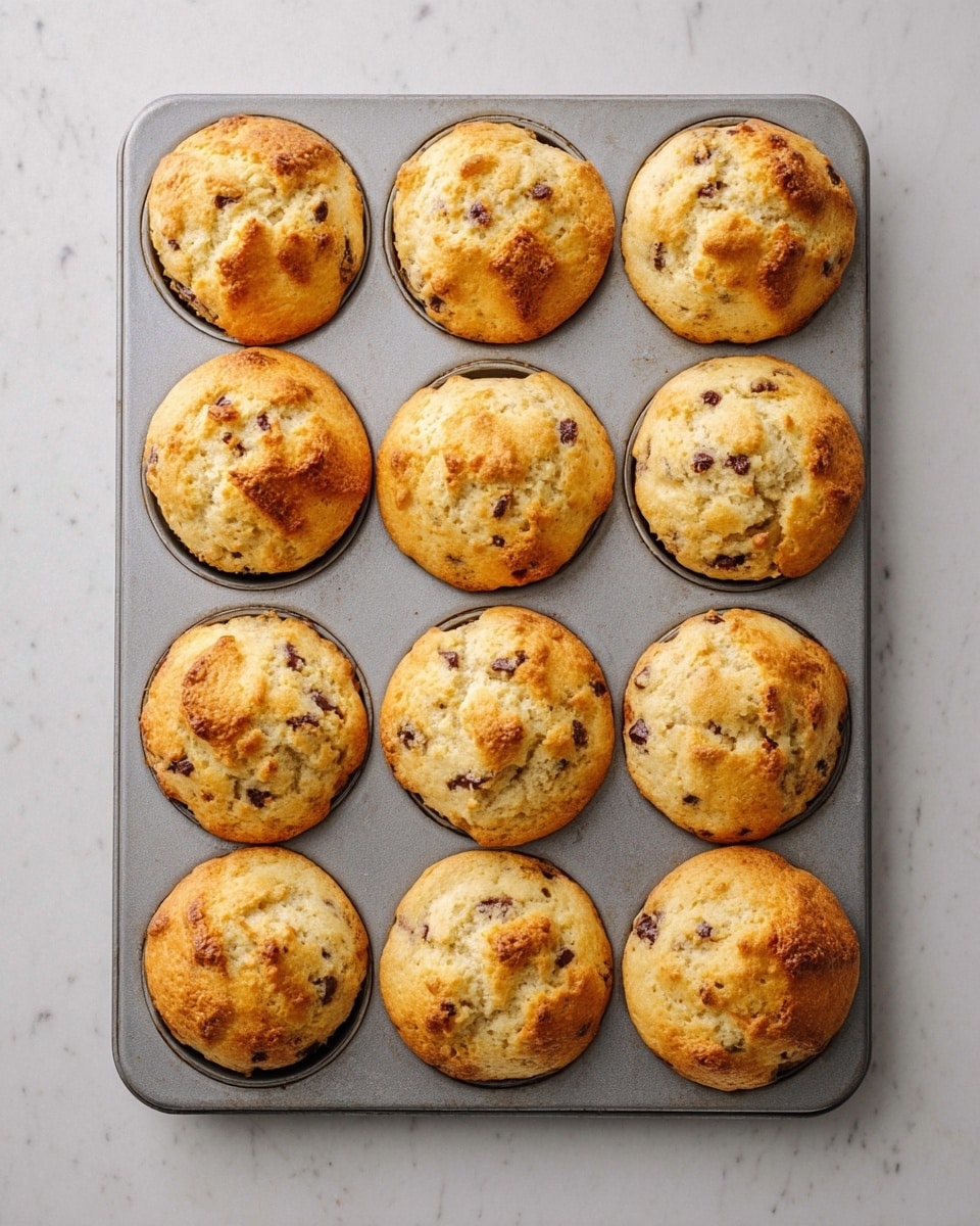 The image shows twelve golden-brown muffins in a metal muffin tray, arranged in three rows of four. The muffins have a slightly uneven top with a soft, fluffy texture and visible dark spots of chocolate chips scattered throughout. The muffin tray is placed on a white marbled surface, which creates a clean and simple background that highlights the warm tones of the muffins. The muffins have a light, golden color with some darker caramelized spots on the top edges, giving a fresh baked look. photo taken with an iphone --ar 4:5 --v 7