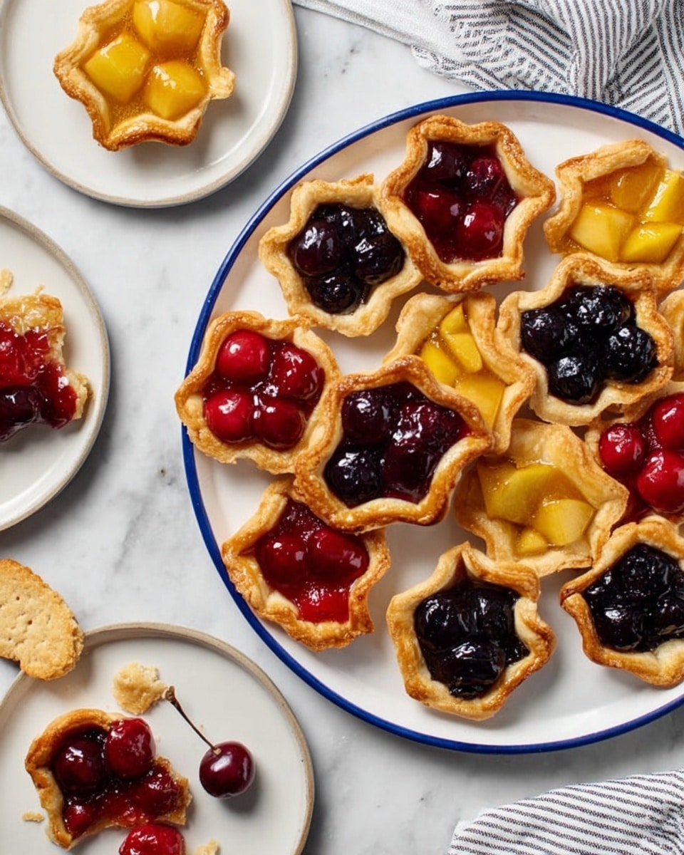 The image shows a large white plate with a thin blue rim filled with small tart shells. Each tart shell has a golden brown crust and is filled with three different types of fruit fillings: bright red cherry, dark purple blueberry, and golden yellow apple. The tart shells are arranged randomly, some whole and some broken, with fruit filling spilling slightly onto the plate. Around the large plate are two smaller white plates on a white marbled surface; one smaller plate holds a whole yellow apple tart and a partially eaten cherry tart, and the other has a half-eaten cherry tart and a half-eaten blueberry tart. A woman's hand holding a small cookie is visible at the edge. The overall scene looks casual, with a striped cloth partially visible near one small plate. photo taken with an iphone --ar 4:5 --v 7