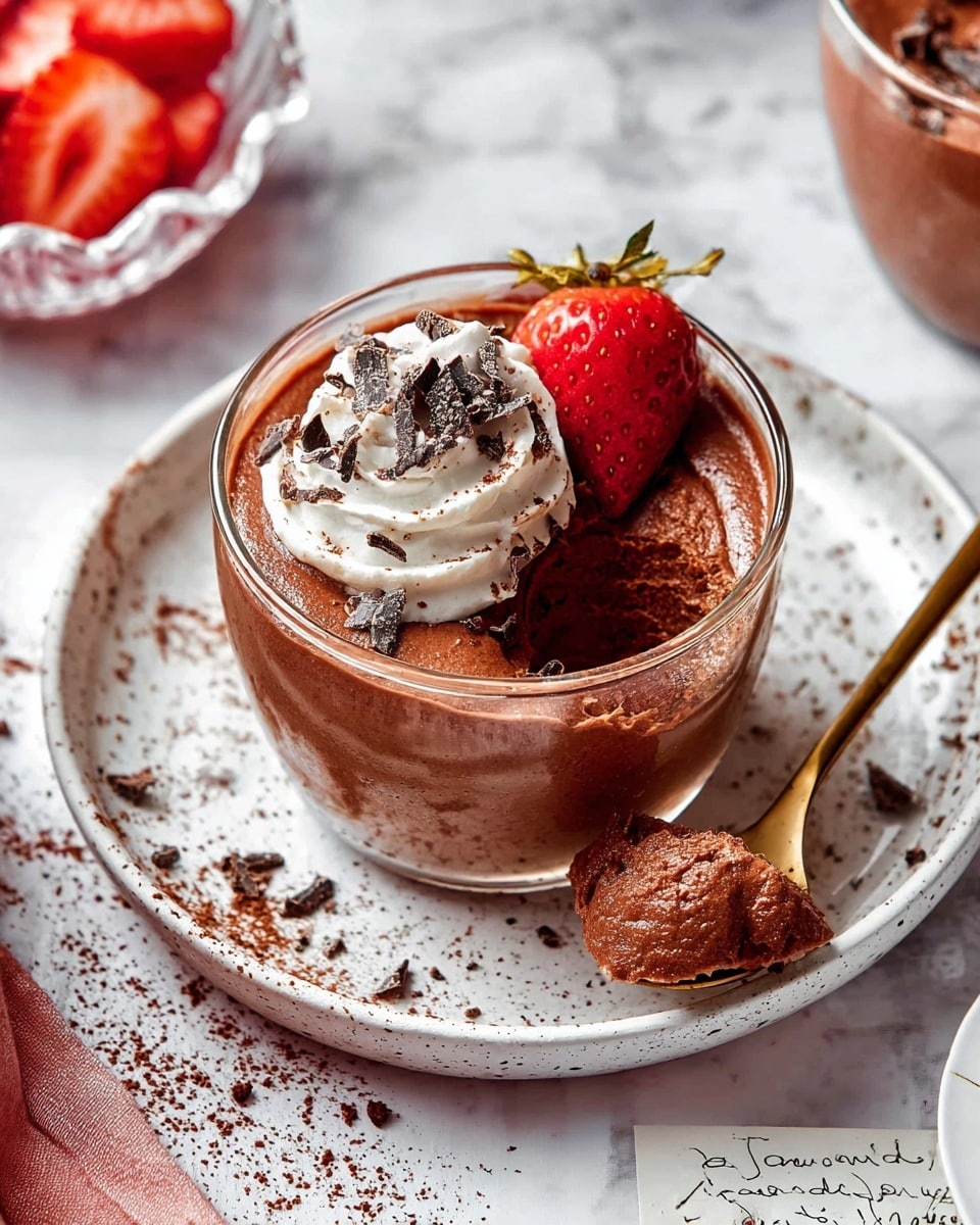 The image shows several clear glass cups filled with smooth, rich brown chocolate mousse, each sitting on a white plate. On top of each mousse cup, there is a swirl of white whipped cream, scattered dark chocolate shavings, and a half red strawberry with its green top. The cups are arranged on a white marbled surface with a torn piece of paper nearby that has a handwritten recipe and some chocolate crumbs scattered around. The overall look is neat and inviting, with the colors of dark brown, white, and bright red standing out. photo taken with an iphone --ar 4:5 --v 7